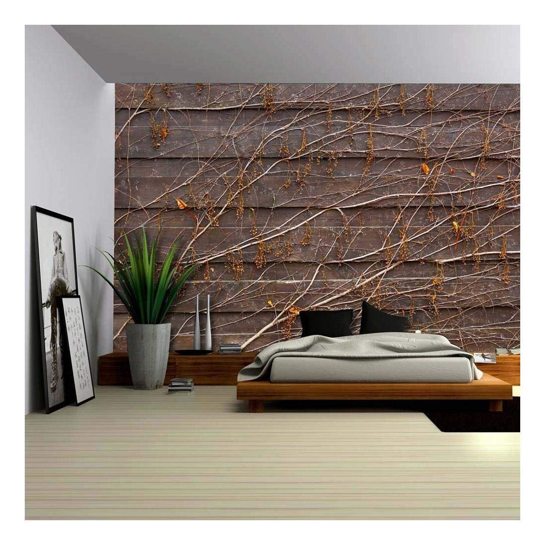 Orange Vines Draping on Wood Panel Wall Mural - Removable Wallpaper, 66x96 Inches, Perfect for Living Room, Bedroom, and Office Decor