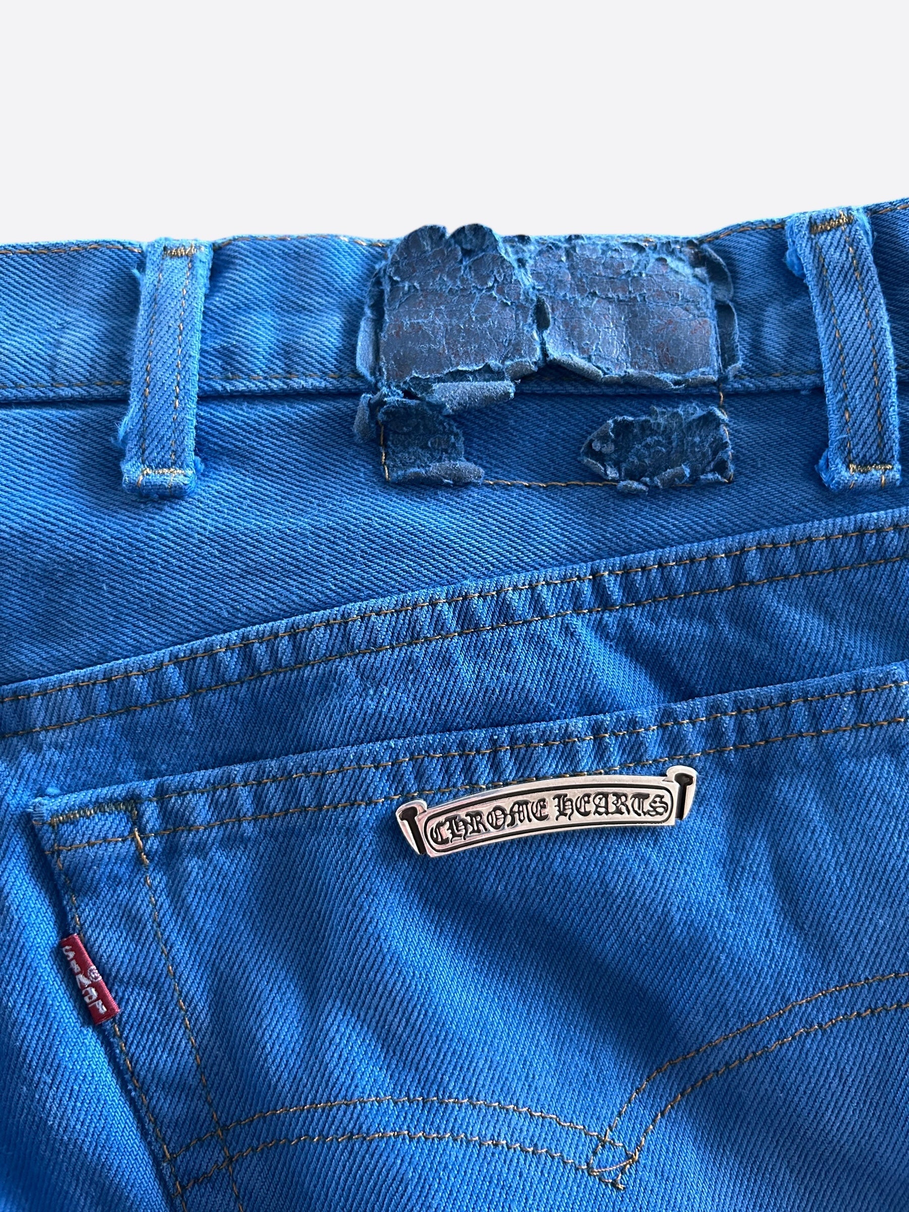 Chrome Hearts x Levi's London Exclusive Blue Dyed Cross Patch Denim Jeans for Men - Vintage Distressed Skinny Fit Pants | Perfect for Streetwear, Fashion Shows & Night Out