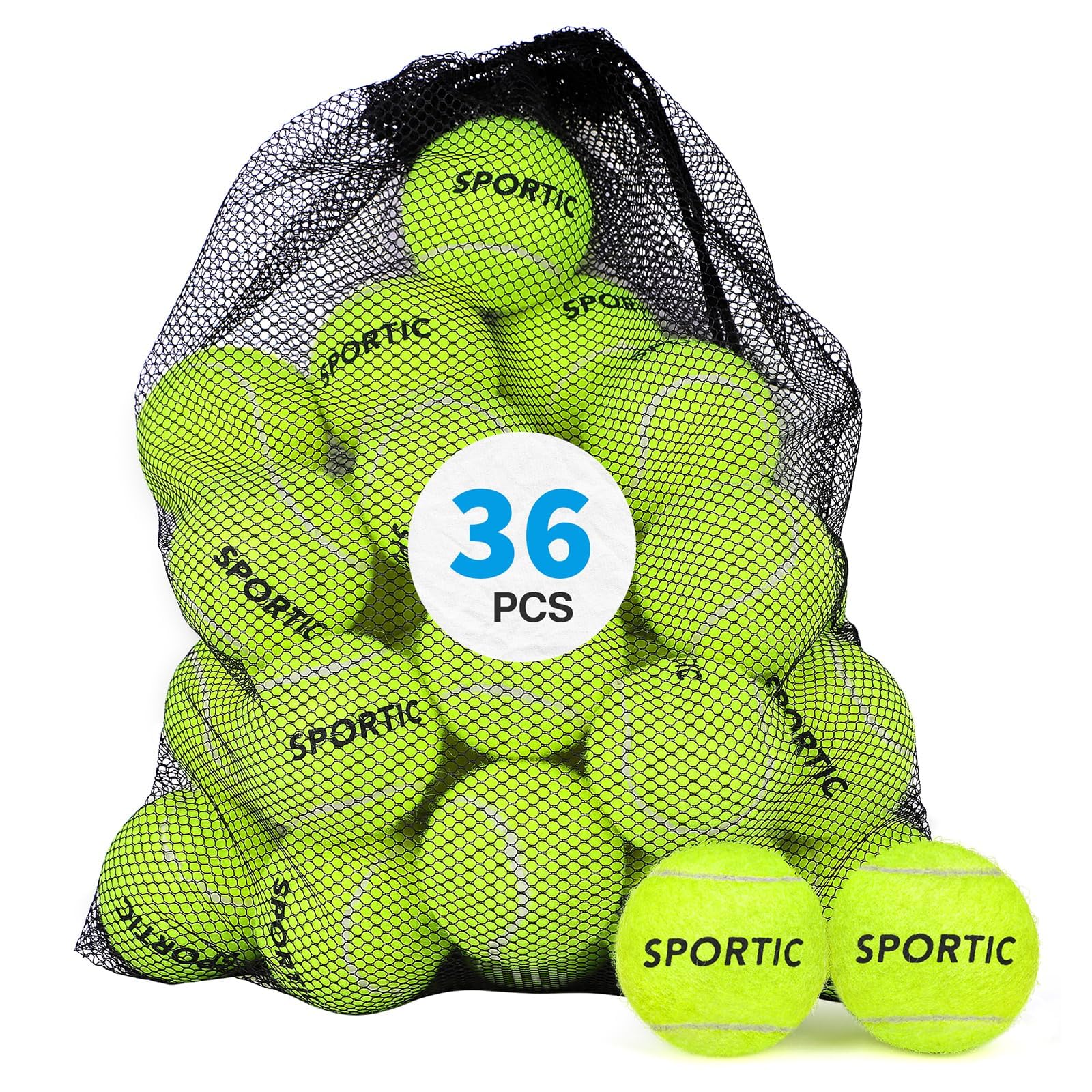 **SPORTIC Pressurized Tennis Balls - 12PC or 36PC with Mesh Bag | High Bounce Training & Practice Balls for Beginners, Pets & Dogs | Perfect for Court Play, Backyard Drills & Dog Fetch Games**