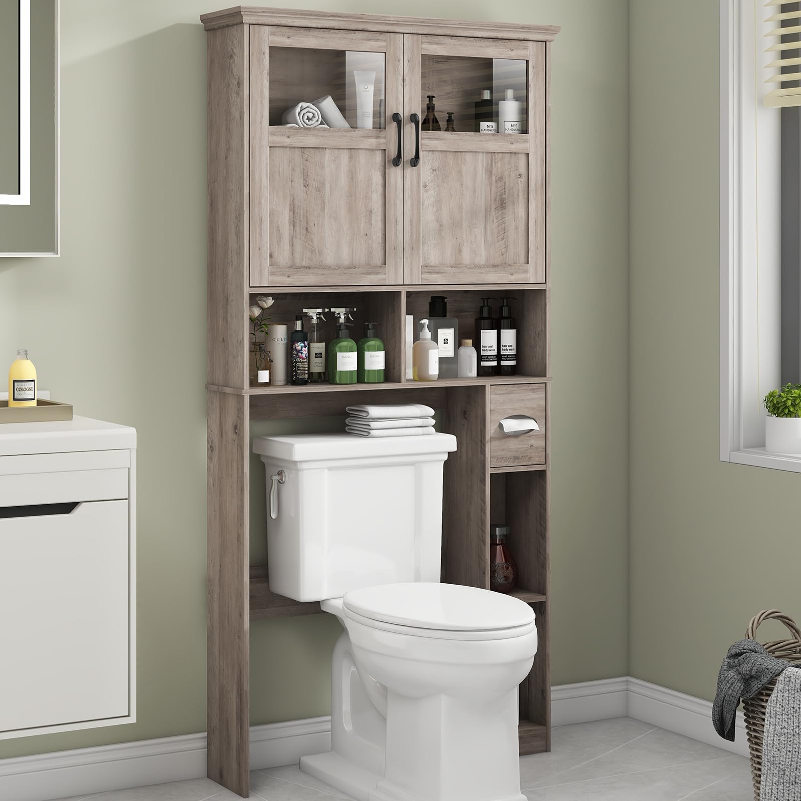 Vabches Over-The-Toilet Storage Cabinet with Double Doors - Freestanding Bathroom Organizer with Adjustable Shelf & Built-in Toilet Paper Holder - Space Saving Solution for Small Bathrooms - Perfect for Bathroom Storage & Organization (Grey)