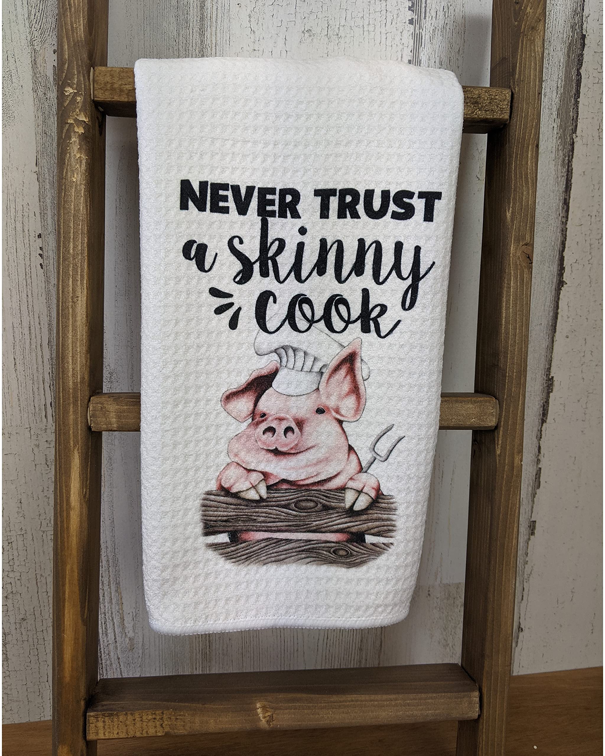 Never Trust A Skinny Cook - White Waffle Weave Kitchen Towel with Pig Chef Design for Farmhouse Decor | Perfect for Farmhouse Kitchens, Restaurants, and Chef Gifts