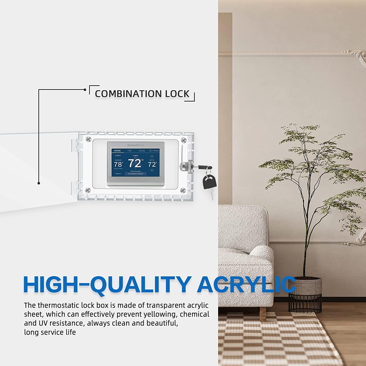 Universal Thermostat Lock Box with Key - Clear Acrylic Wall Mounted Cover Guard for Thermostats up to 7.8