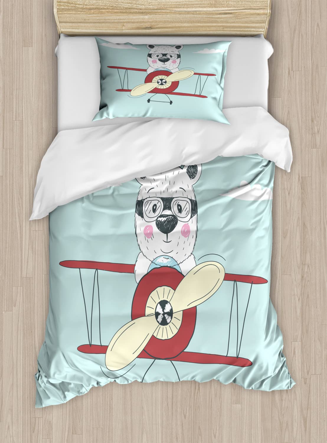 Ambesonne Cartoon Duvet Cover Set - Hand Drawn Pilot Bear Flying Airplane Sky Design | Funny Bedding Set Includes 2 Duvet Covers & 4 Pillowcases | 2-Pack California King Size in Pale Blue, Cream & Ruby | Perfect for Kids' Rooms, Themed Bedrooms & Aviation Enthusiasts