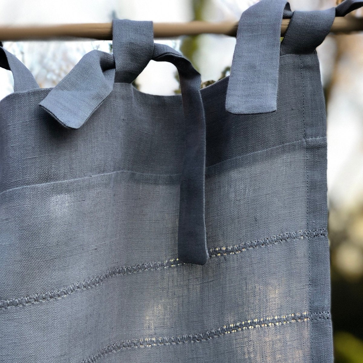 Hoole Grey Linen Tall Hemstitched Tie Top Curtains - Elegant Window Drapes for Living Room, Bedroom & Dining Room Decor