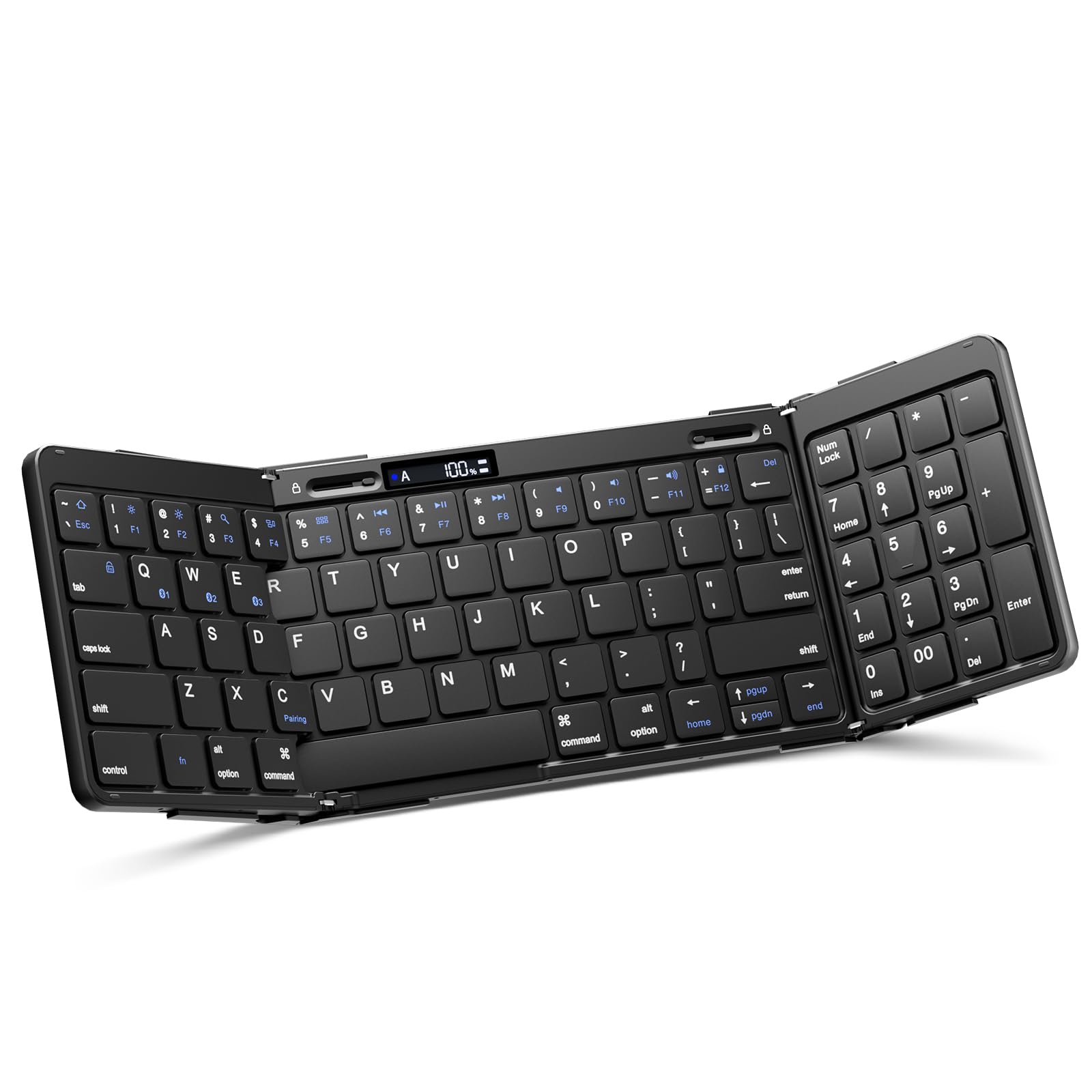 Foldable Bluetooth Keyboard with Numeric Keypad - Full-Size Portable Wireless Keyboard for Travel, Battery Display & Lock Hinge - Compatible with Windows, iOS, Android Devices - Perfect for Tablets, Smartphones & Laptops on Business Trips, Commuting & Home Office Use
