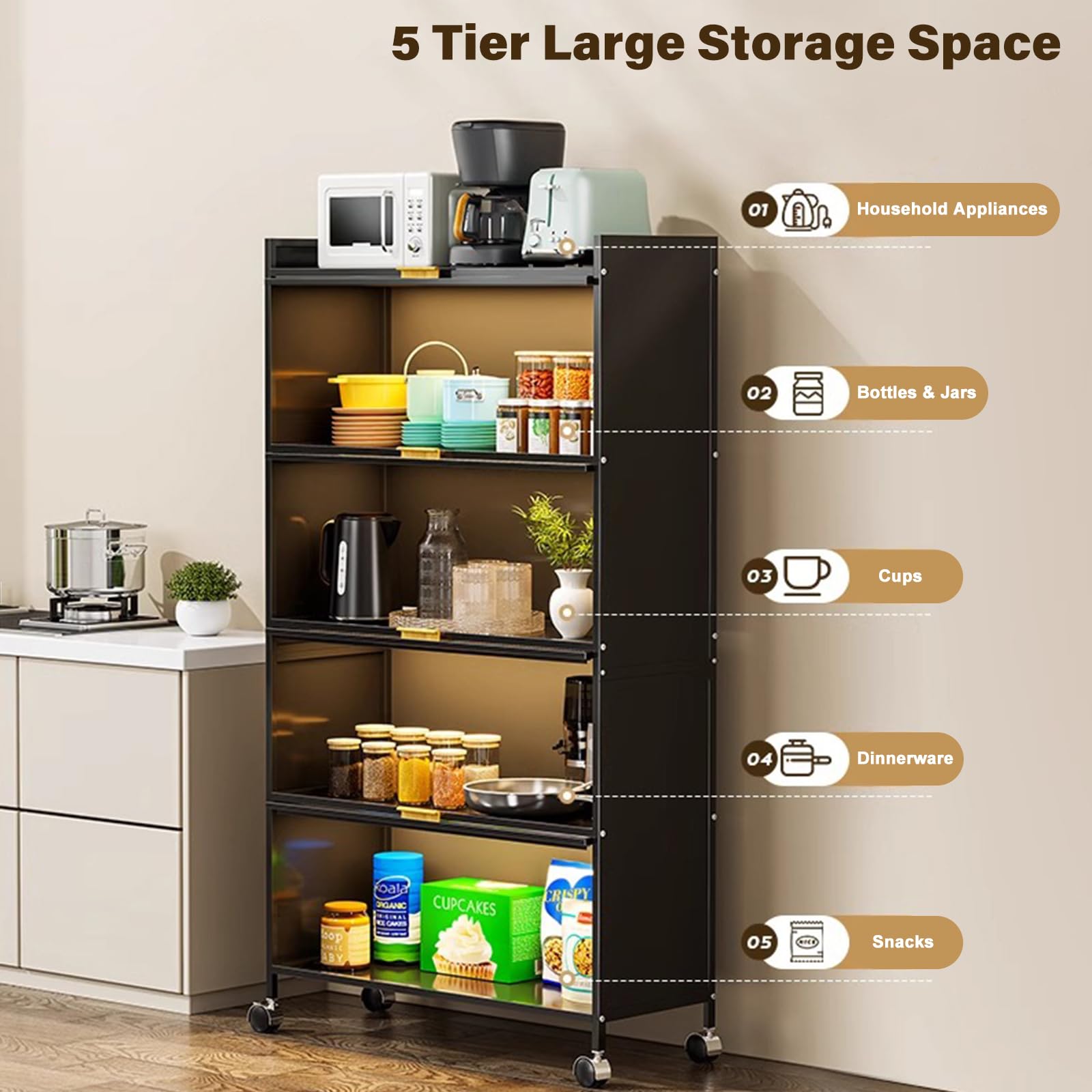 5-Tier Kitchen Storage Cabinet with Transparent Flip Door & Wheels - Bakers Rack, Microwave Stand for Kitchen, Dining & Living Room - Space-Saving Organizer for Small Spaces