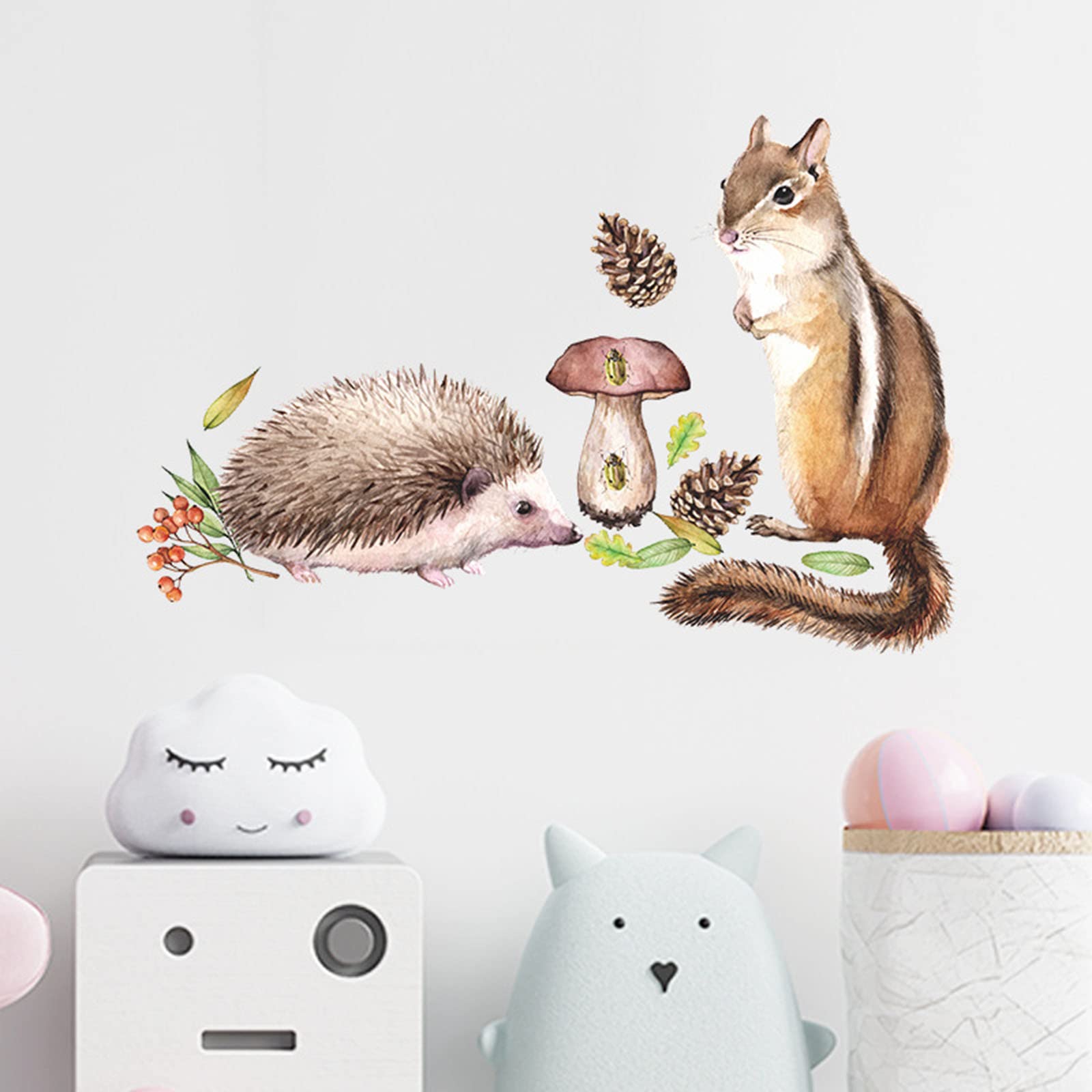 Gold Squirrel and Hedgehog Playing Wall Decor Sticker - Bedroom, Living Room, Porch Home Decoration - Perfect for Kids Rooms, Nursery, and Playroom Wall Art