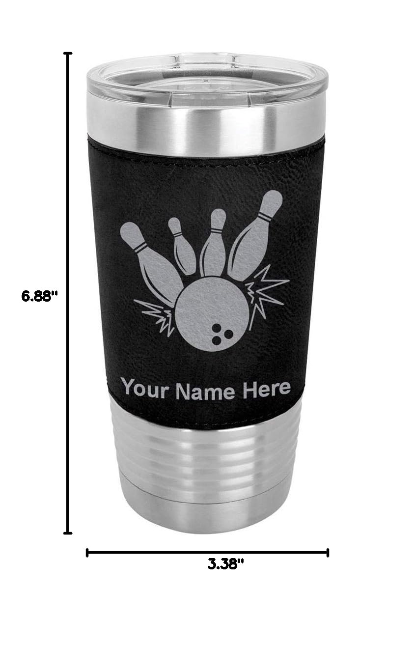LaserGram 20oz Vacuum Insulated Stainless Steel Tumbler Mug with Bowling Ball & Pins Design - Personalized Engraving Included (Faux Leather Sleeve, Black) - Perfect for Coffee, Tea & Cold Drinks at Work, Gym or Outdoor Activities