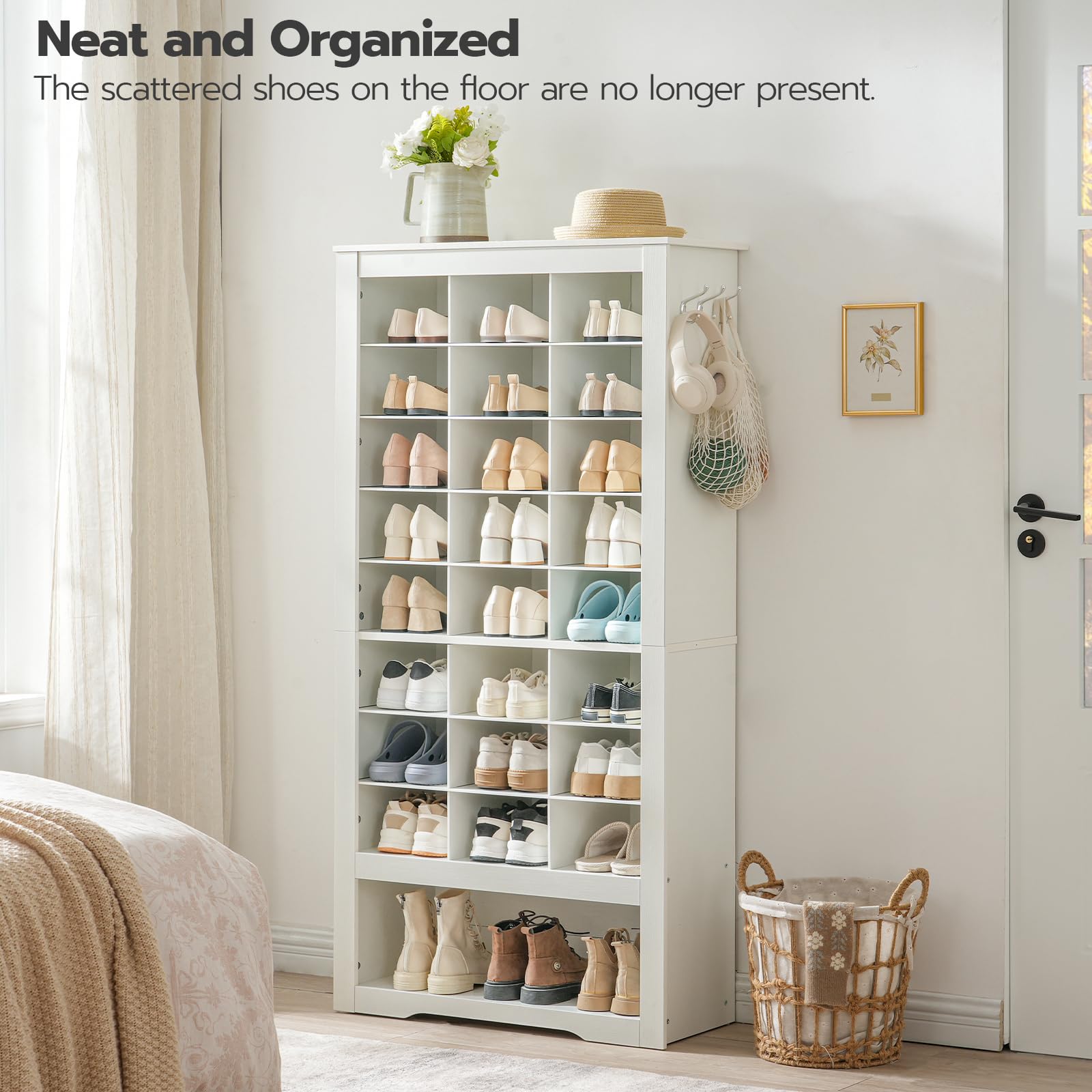 HOOBRO 9-Tier Tall Shoe Storage Cabinet - White Wooden Entryway Organizer with 24 Cubbies & 3 Hooks | Freestanding Shoe Rack for Closet, Living Room, Bedroom | Perfect for Small Spaces & Shoe Collection Organization