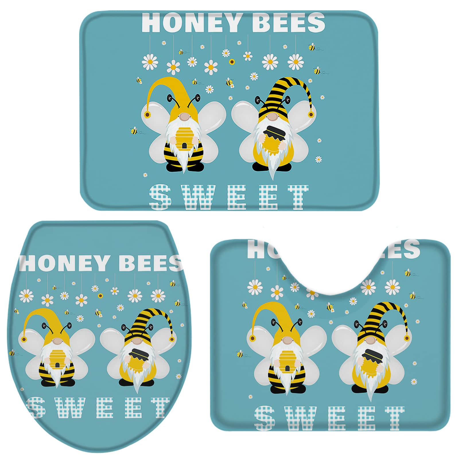 3-Piece Teal Honey Bees Bath Mat Set - Non-Slip U-Shaped Toilet Mat, Absorbent Bathroom Rug & Lid Cover - Sweet Daisy Design for Shower, Tub & Bathroom Floor (Large Size) - Perfect for Modern Bathrooms & Spa-Like Home Decor