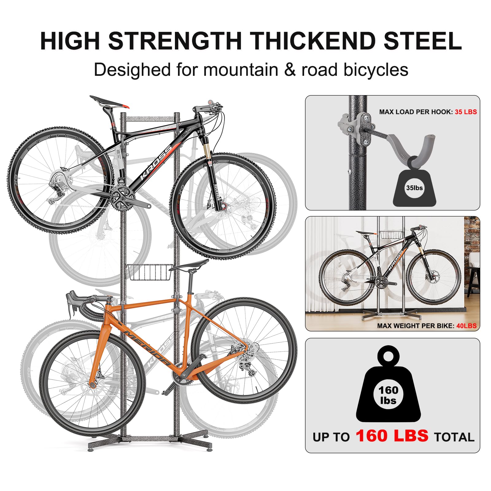 CXWXC 2/4 Bike Storage Rack with Basket - Space Saving Indoor Bike Stand for Garage, Apartment & Home - Holds Road, Mountain & Hybrid Bicycles - Perfect for Small Spaces & Organized Storage