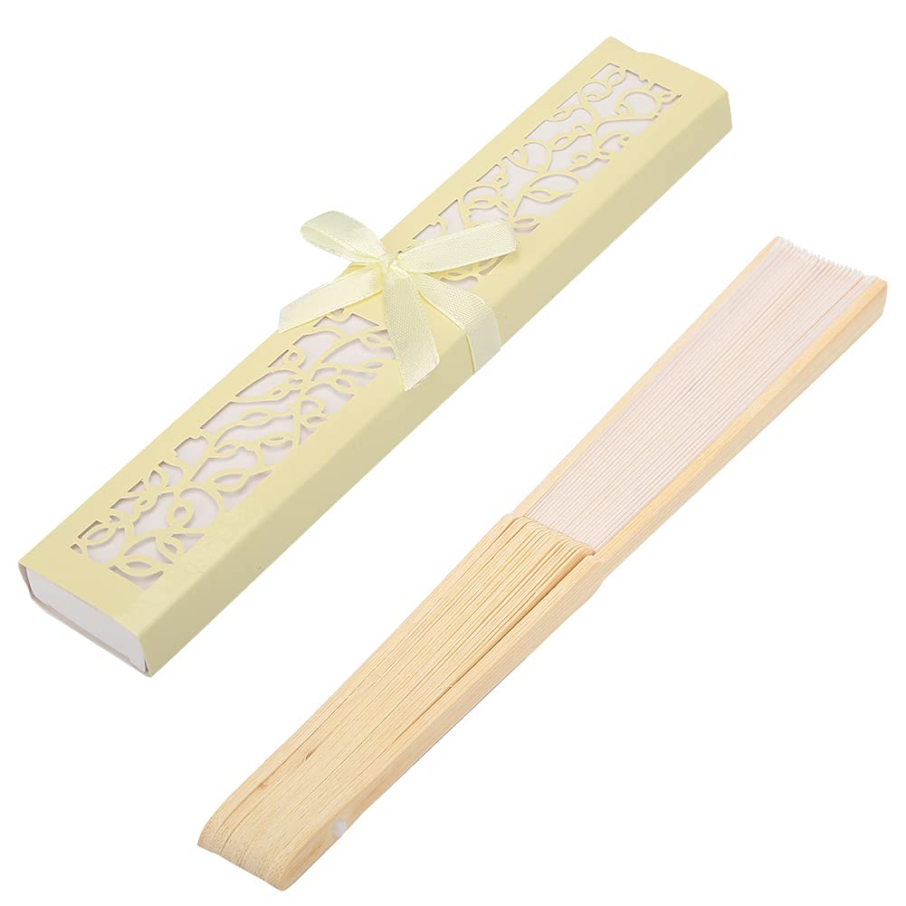 Elegant Folding Hand Fan - Silk & Paper Box - Perfect for Dance Props, Wedding Accessories & Home Decor (Beige)