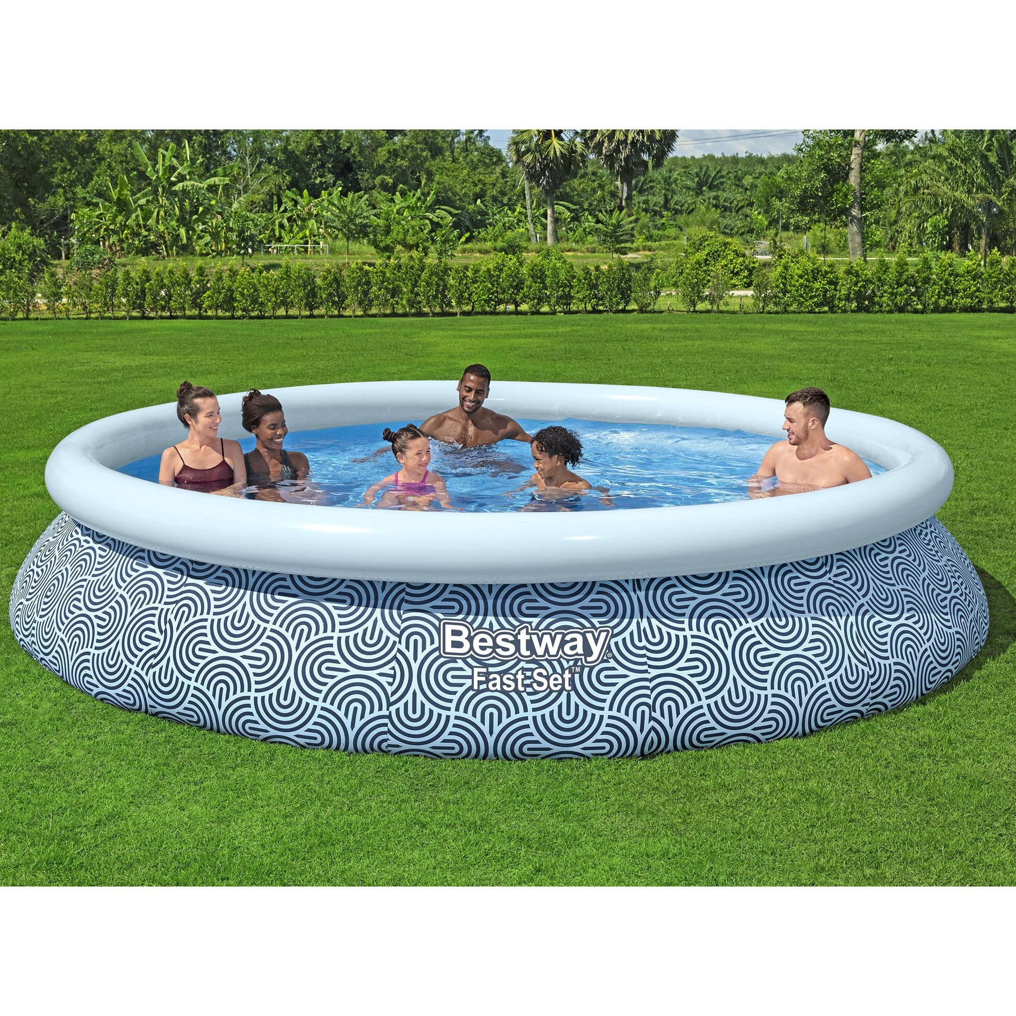 Bestway Fast Set Inflatable Pool - 13' x 33' Round Above Ground Swimming Pool with Filter Pump, Ladder & Repair Patch | Abstract Blue Design for Backyard, Garden, Kids & Family Summer Fun