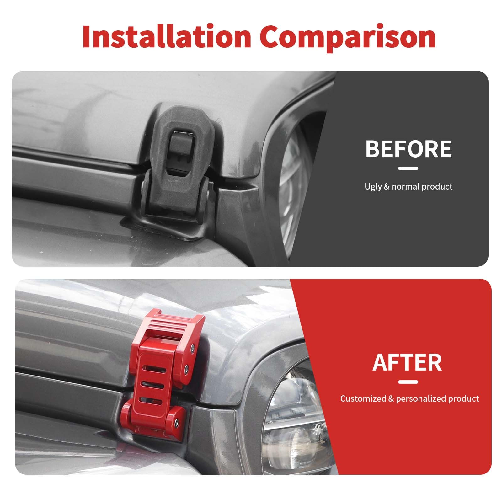 Stainless Steel Hood Latch Kit for 2007-2018 Jeep Wrangler JK/JKU & 2018-2025 JL/JLU/Gladiator JT - Red Exterior Accessories for Off-Roading & Adventure