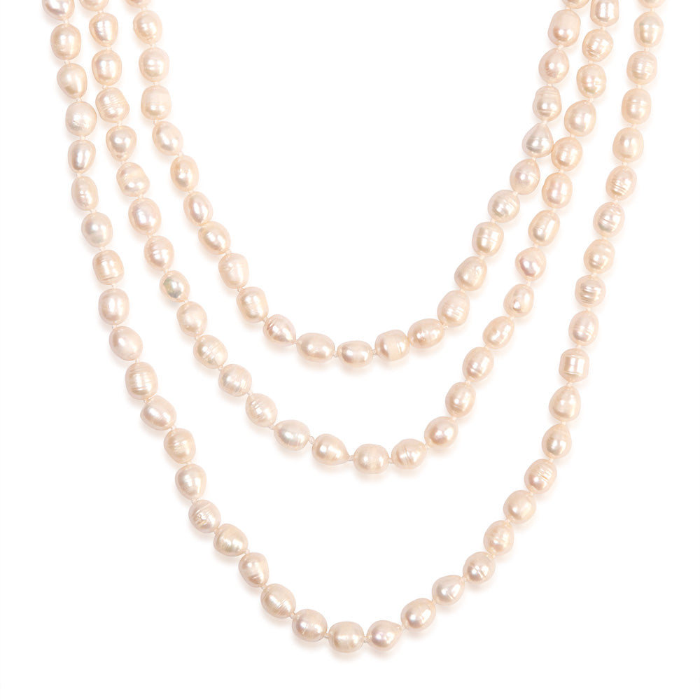 8-9mm White Rice Pearl Necklace - 162.5cm Long Elegant Strand for Women - Perfect for Weddings, Parties & Formal Occasions