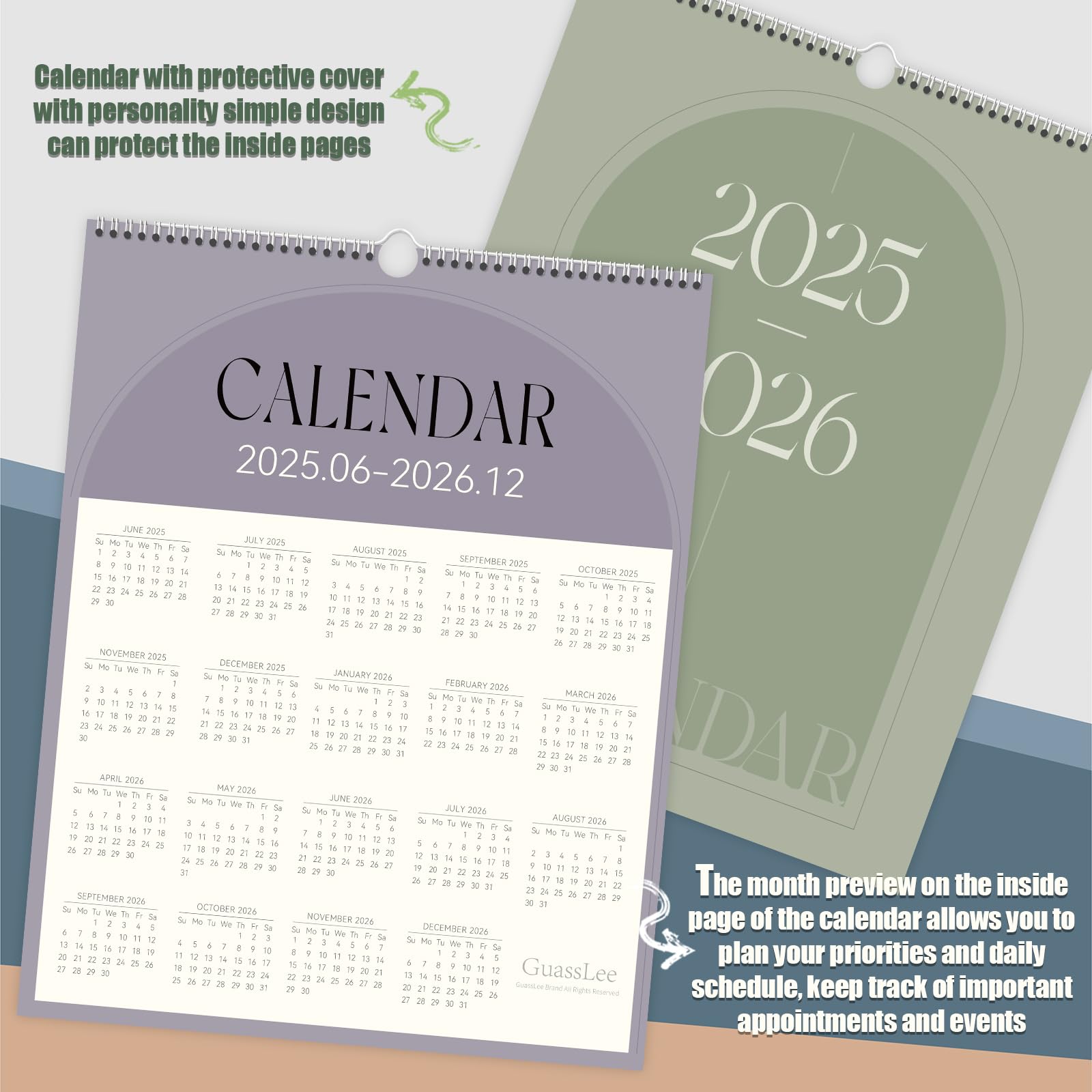 Guasslee 2025-2026 Wall Calendar | 19-Month Spiral Bound Vertical Planner (June 2025-December 2026) | 14