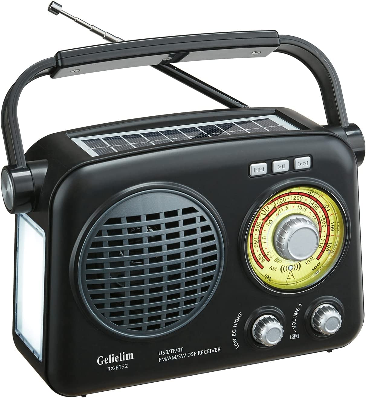 Gelielim AM FM Shortwave Radio with Bluetooth, Portable Rechargeable Vintage Transistor Radio - Best Reception, USB/TF Card MP3 Player, Solar Power & Emergency Light - Perfect for Home Decor, Outdoor Camping, and Emergency Preparedness