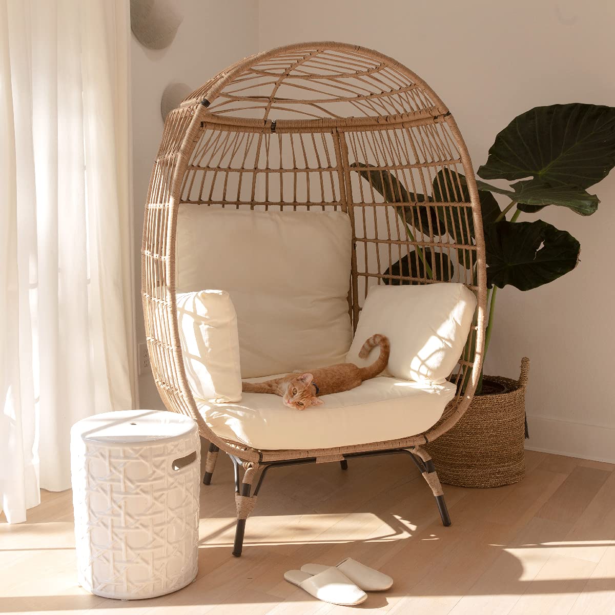 **Barton Oversized Egg Chair Cushion - Wicker Basket Chair with Canopy, Stationary Egg Seat for Patio, Outdoor Lounge, Garden, or Balcony - Beige**