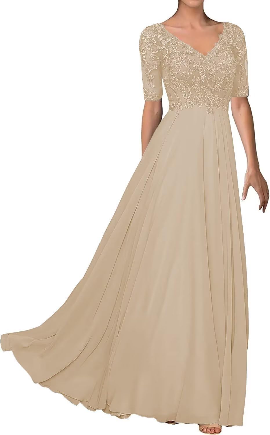 Elegant V-Neck Mother of the Bride Dress - Lace & Chiffon Formal Gown with Short Sleeves for Weddings, Evening Parties & Special Occasions