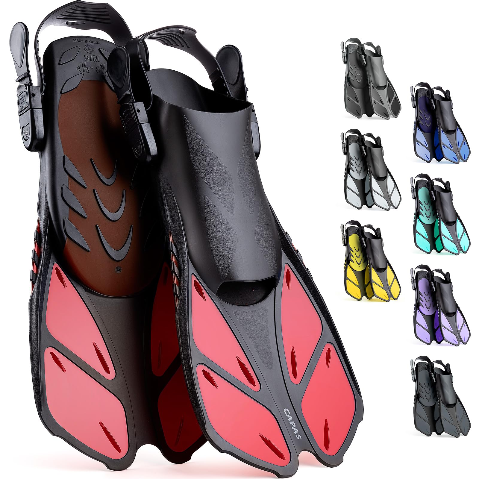**CAPAS Adjustable Snorkel Fins for Adults & Kids - Travel Size Short Swim Fins for Snorkeling, Diving & Swimming - Open Heel Design for Men, Women & Children - Perfect for Beach Vacations, Pool Workouts & Water Sports**