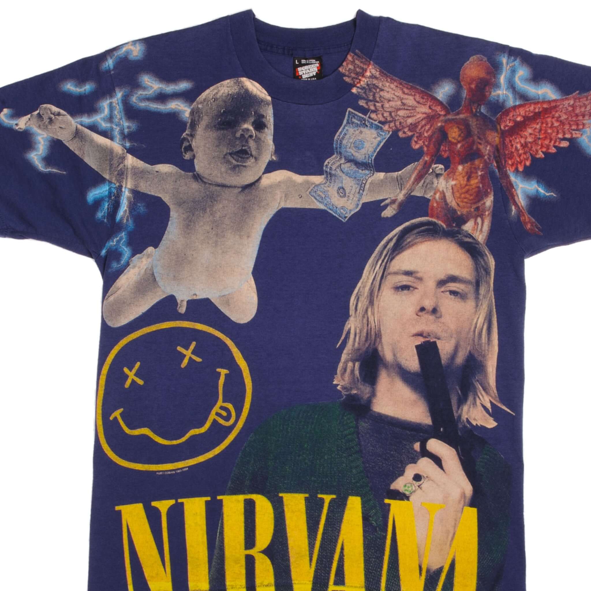 Vintage Nirvana Kurt Cobain 1994 Bootleg All Over Print T-Shirt - Large Size, Made in USA - Perfect for Concerts, Grunge Fashion & Retro Music Fans