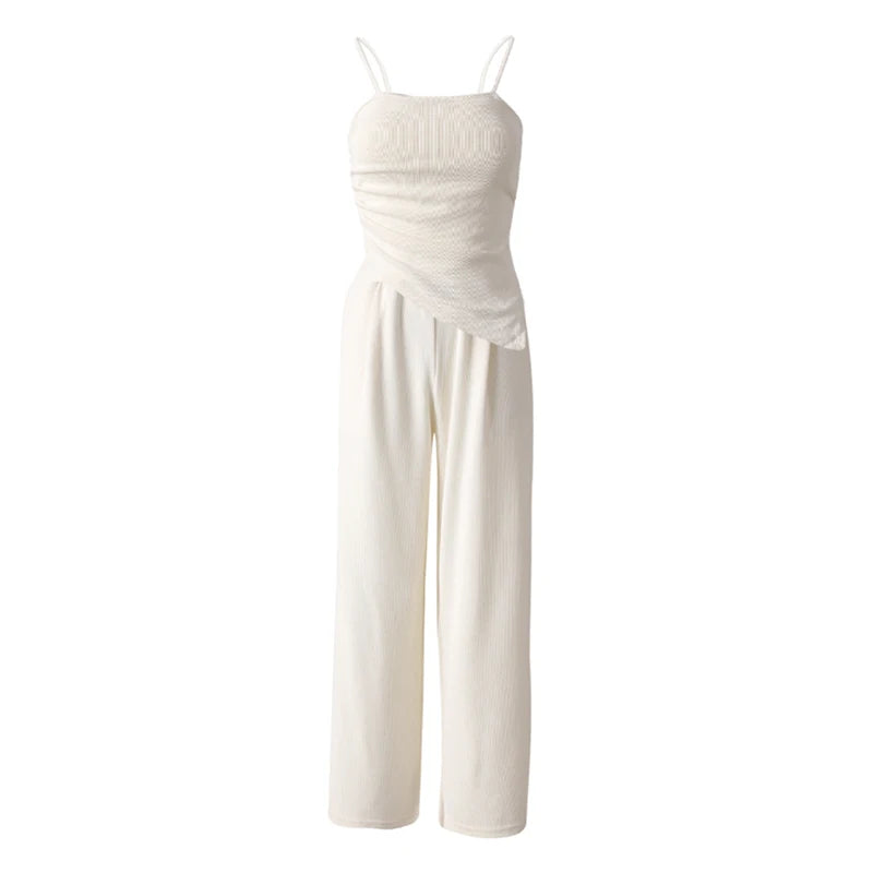 Beige Irregular Tank Top & Wide Leg Pants Two-Piece Set - Women's Sleeveless Fashion Outfit for Spring Summer 2025 | CPG3157 | Perfect for Beach Vacations, Casual Outings & Summer Parties