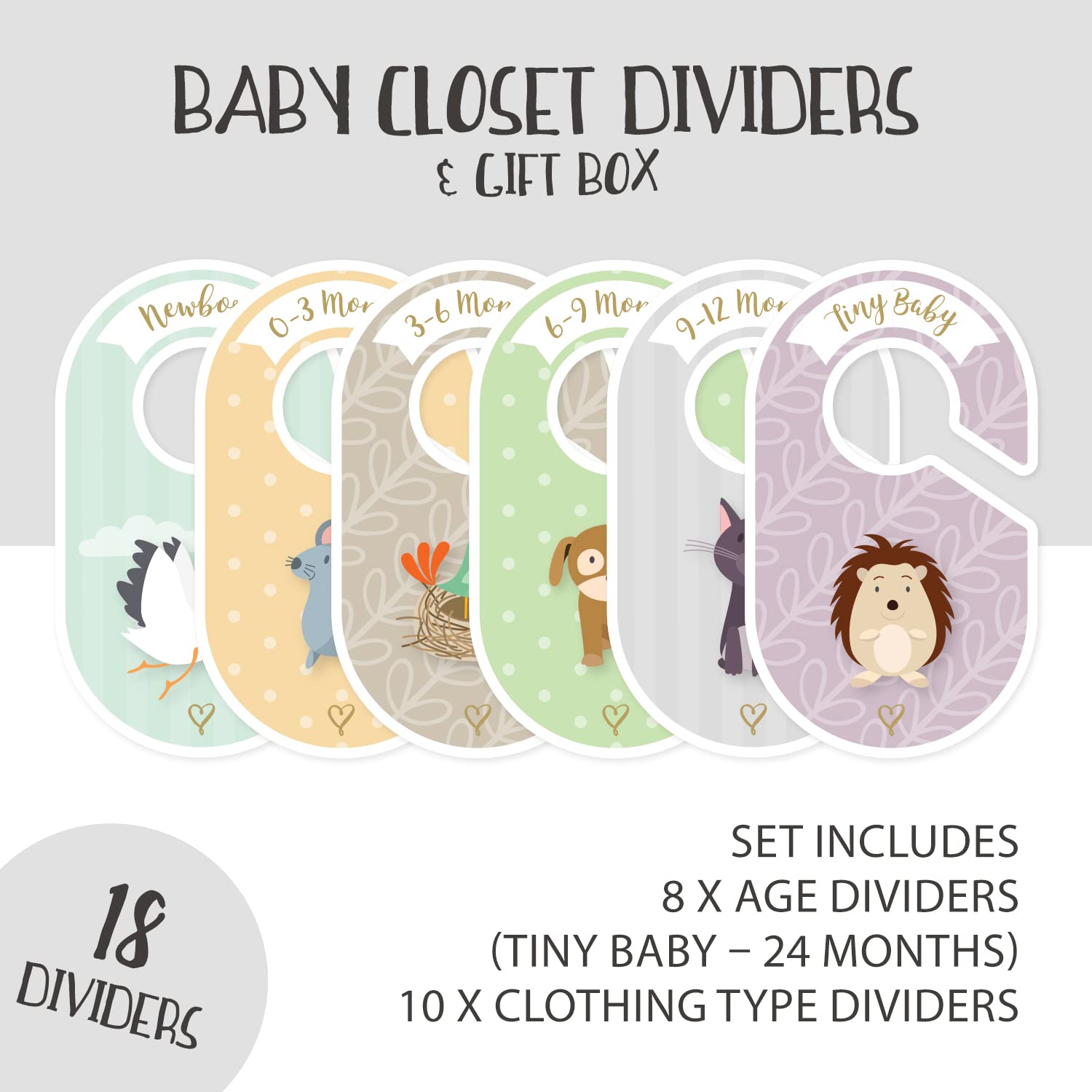 Baby Closet Dividers & Clothes Organizer - 18 Neutral Hangers for Boys & Girls - Size & Age Labels - Cozy Hedgehog Design - Perfect for Nursery Organization & Baby Wardrobe Sorting