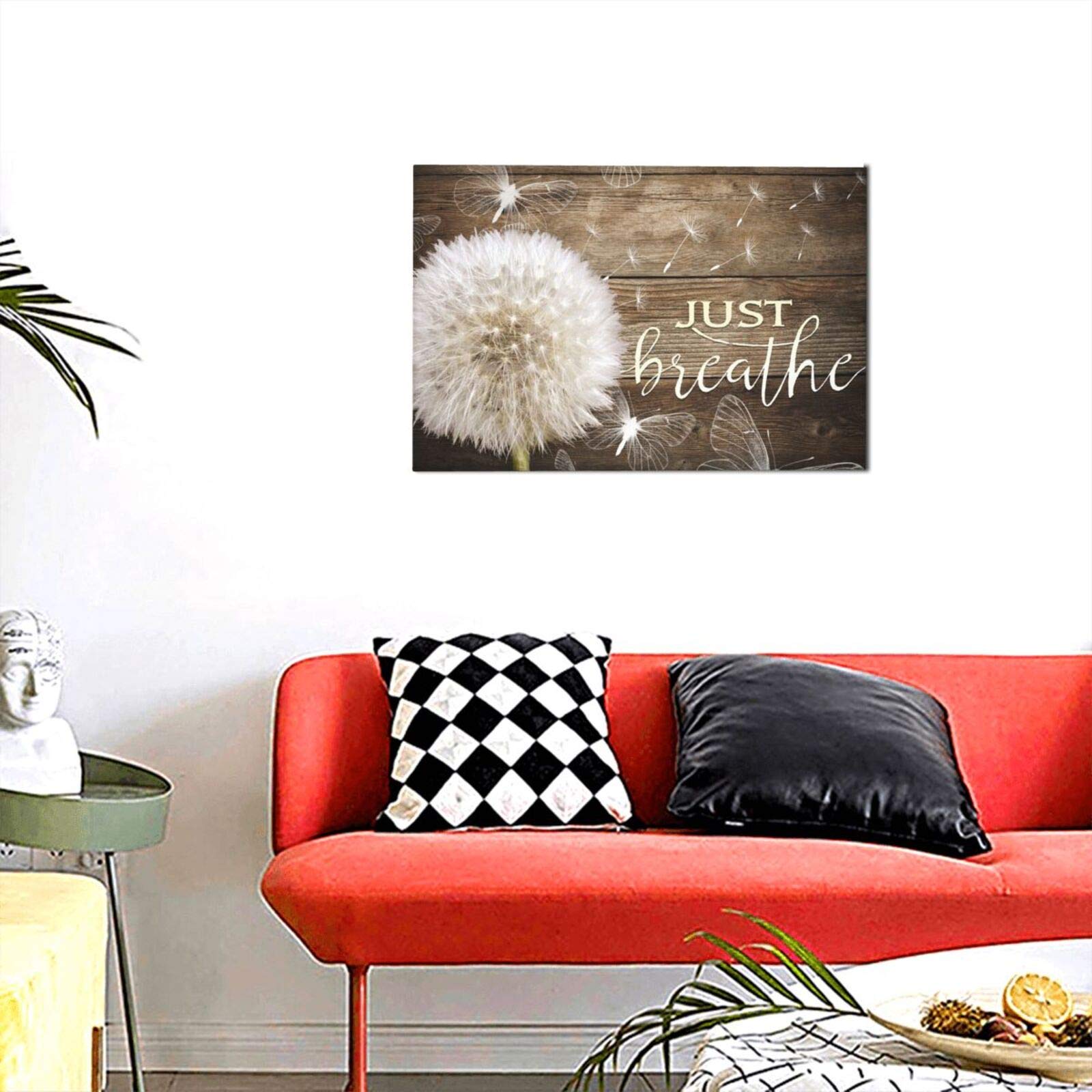 White Dandelion & Butterflies Canvas Wall Art - Framed Floral Print Ready to Hang (12x18 Inch) for Living Room, Bedroom & Bathroom Decor | Inspirational Just Breathe Quote Home Decor | Perfect for Meditation Spaces & Gift Giving