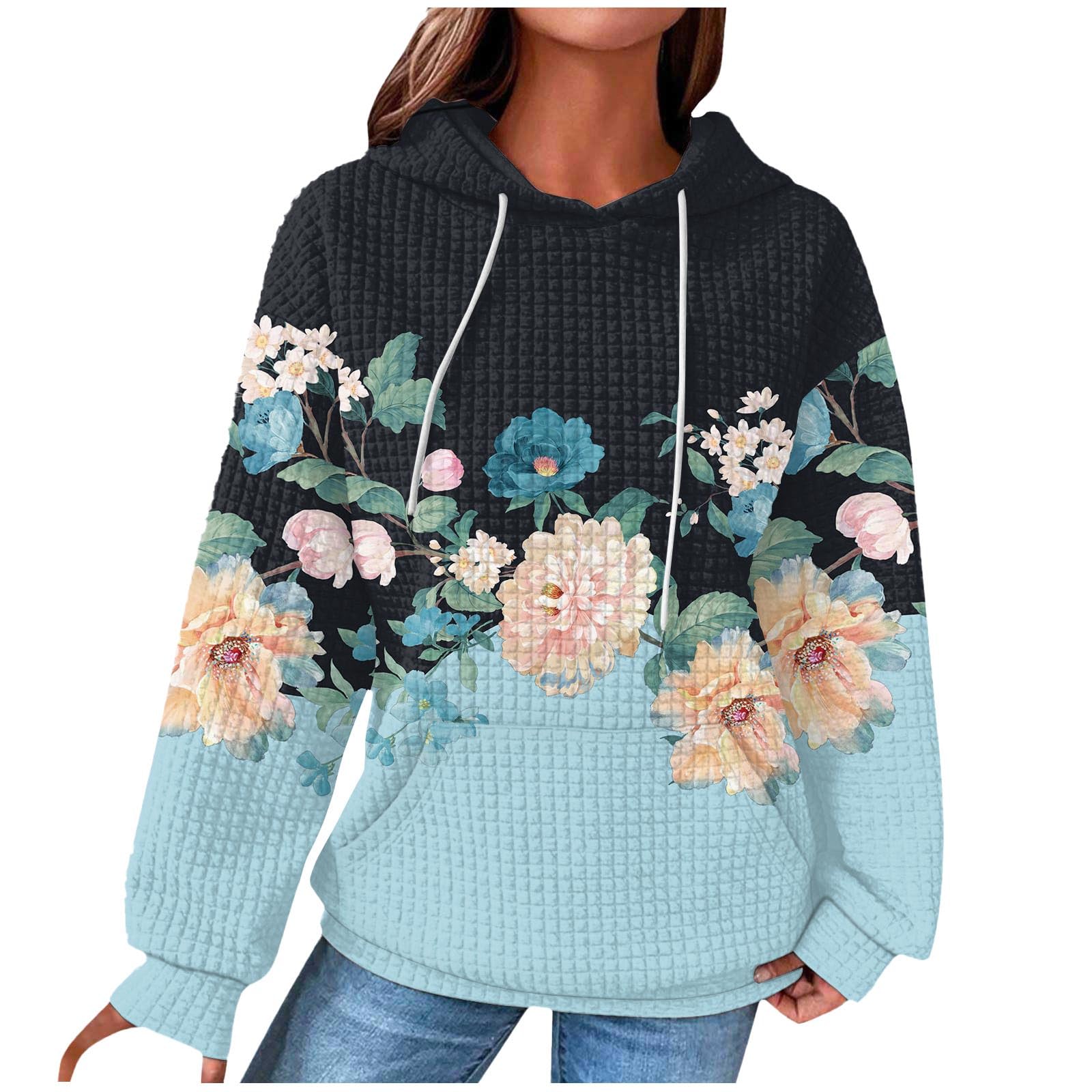 Women's Printed Hoodie with Drawstring - Long Sleeve Waffle Pullover Sweatshirt, Oversized Casual Pocket Hooded Shirt for Women | Perfect for Fall Layering, Lounge Wear & Street Style Fashion