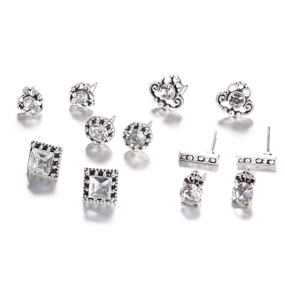 Crystal Pearl Earrings Set - 6 Pairs Bohemian Square & Round Stud Earrings with Rhinestones for Women & Girls | Elegant Jewelry for Parties, Weddings & Everyday Wear