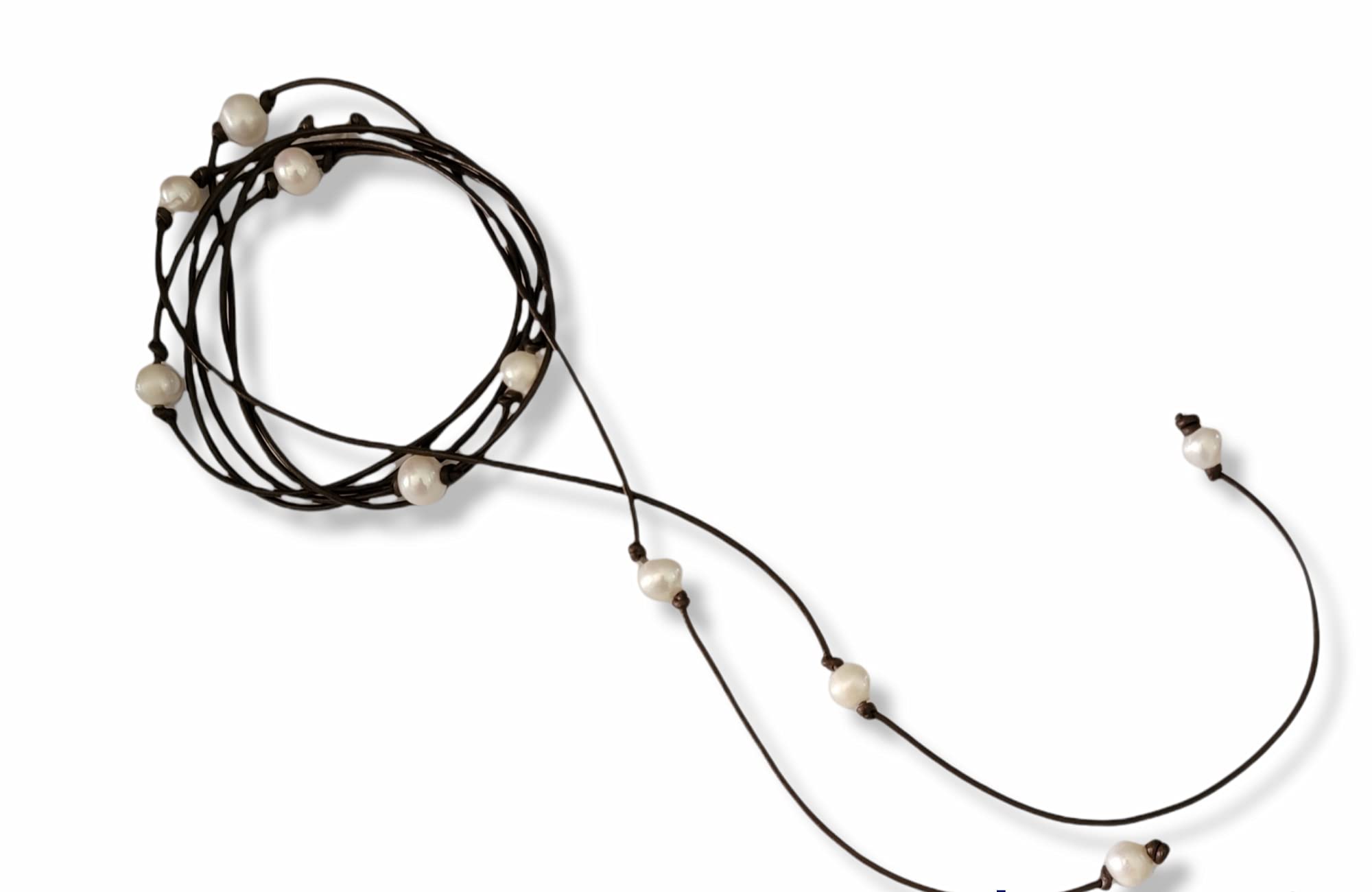 Elegant Brown Leather & White Pearl Lariat Long Necklace for Women | Boho Chic Layered Statement Jewelry | Perfect for Weddings, Date Nights & Office Wear