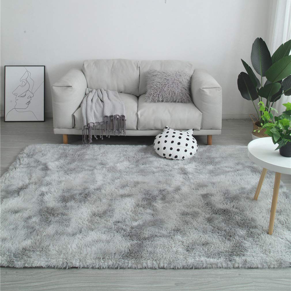 QREZ Soft Indoor Large Modern Area Rugs - Shaggy Fluffy Carpet with Non-Slip Backing, Aqua Gray 4'x6'6