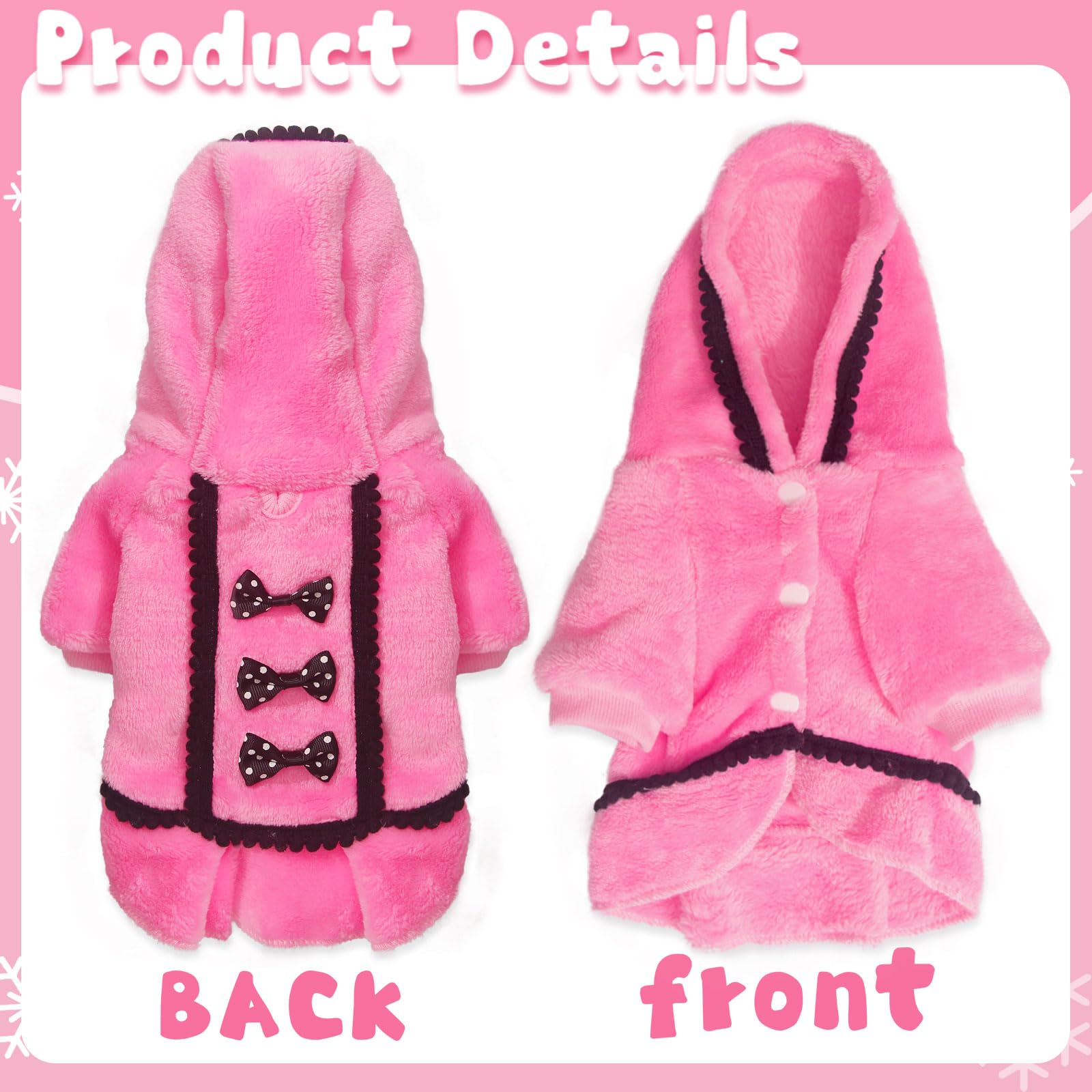 Warm Fleece Dog Sweater for Small Dogs - Cute Pink Puppy Hoodie with Bowtie & Leash Hole | Winter Chihuahua Clothes for Cold Weather (X-Small) | Perfect for Outdoor Walks & Indoor Cozy Time