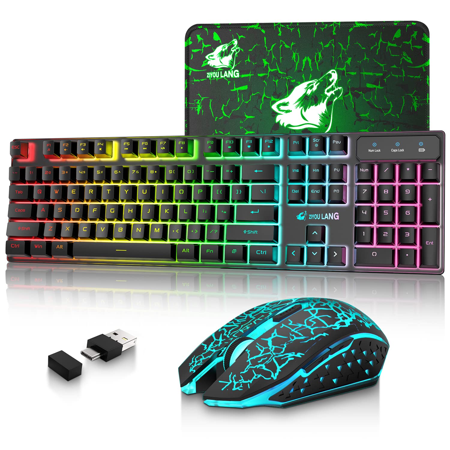 Wireless Gaming Keyboard and Mouse Combo with Type-C 2.4G Receiver, LED Backlit Rechargeable 3800mAh Battery, Mechanical Feel Keys, 7D Gaming Mouse & Mouse Pad for PC, TV, Phone Gamers (Black) - Perfect for Esports, Streaming & Home Office Setup