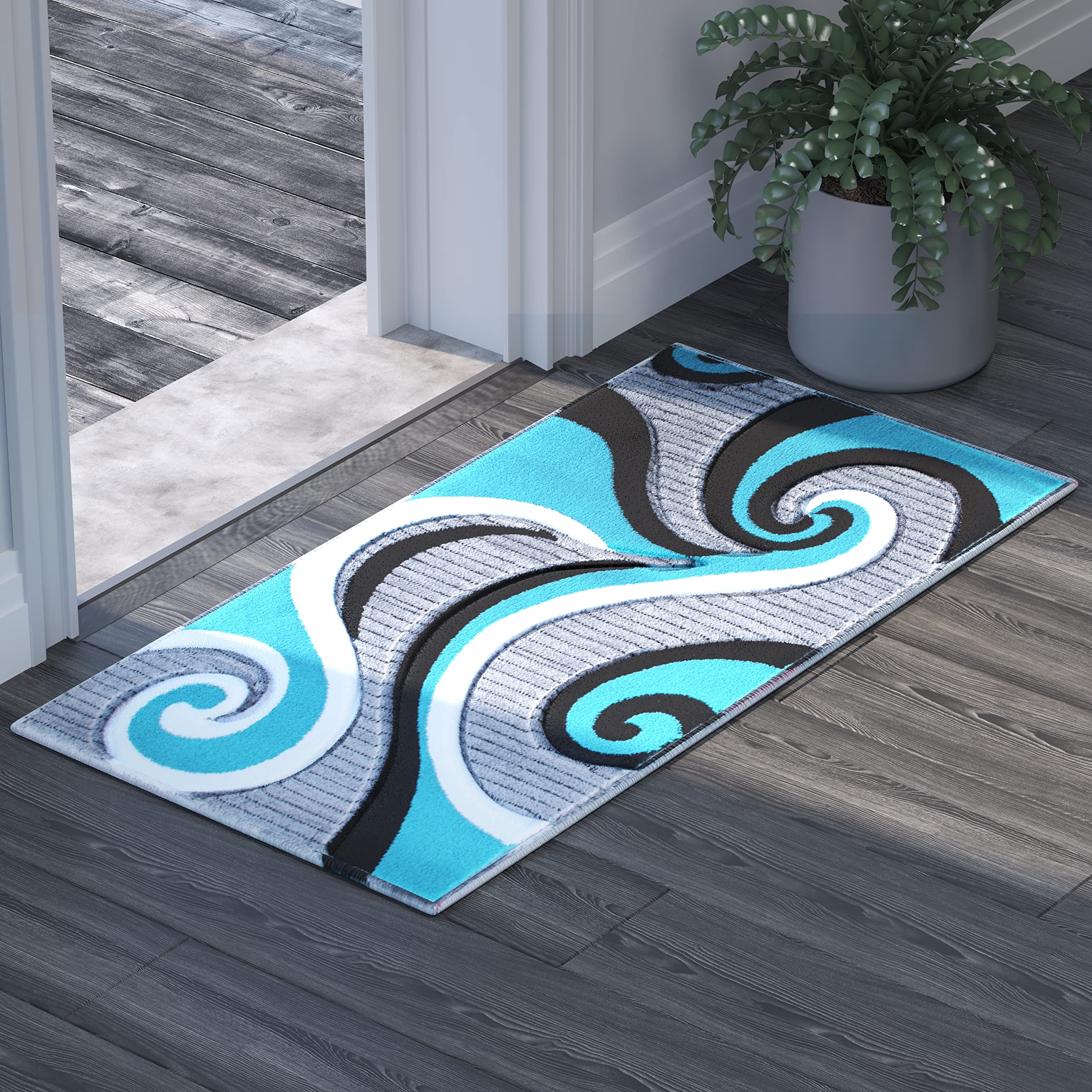 EMMA + OLIVER Modern Turquoise Accent Rug - 3D Sculpted Swirl Pattern with Jute Backing | Stain Resistant Modal Olefin Rug 2x3 ft | Perfect for Living Room, Bedroom or Office Decor