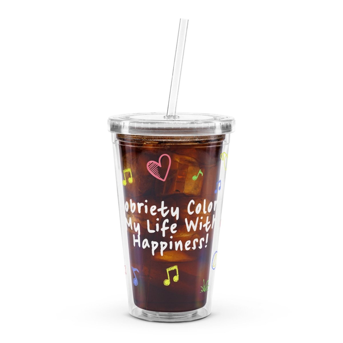 Happy Sobriety Doodle Art Clear Tumbler - 20oz Insulated Stainless Steel Travel Mug for Coffee, Tea & Cold Drinks - Perfect for Recovery Meetings, Office Use & Daily Hydration