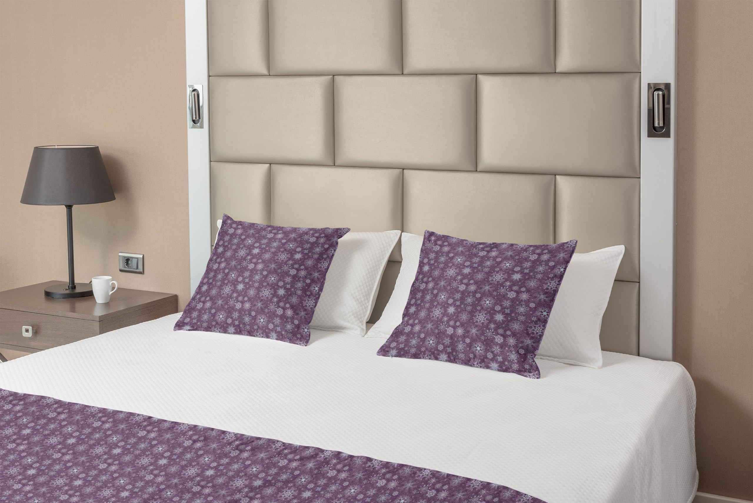 Ambesonne Eggplant Bed Runner Set with Christmas Flowers, Snowflakes & Swirls in Violet - Decorative Bedding Scarf & 2 Pillow Shams for Hotels & Homes - Perfect for Holiday Decor & Winter Bedroom Styling