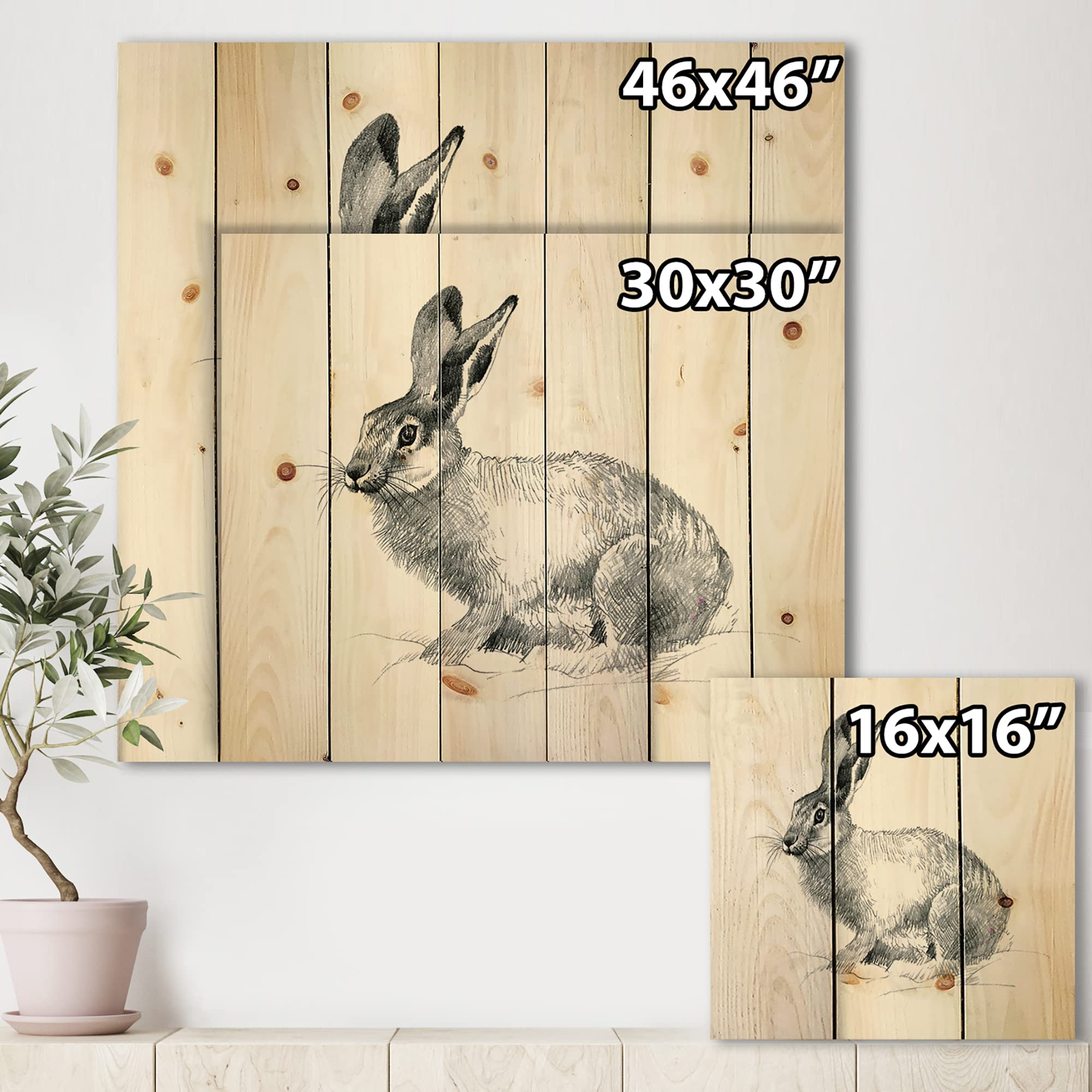 DesignQ Monochrome Rabbit Portrait - Farmhouse Wood Wall Decor, Grey Wood Wall Art, Large Animal Wall Panels Printed on Natural Pine Wood - Perfect for Living Room, Bedroom & Farmhouse Decor