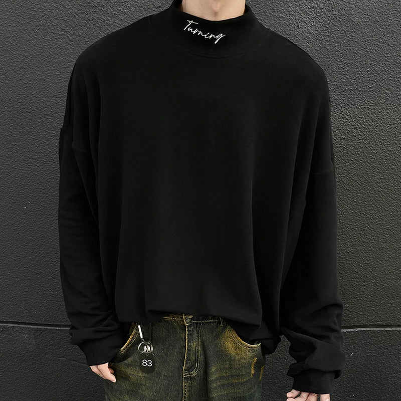Men's Mock Neck Long Sleeve T-Shirt - Thick Letter Embroidery, Contrast Color Slim Fit Tee for Winter 2024 | Casual Wear, Office Outfits & Street Style Fashion