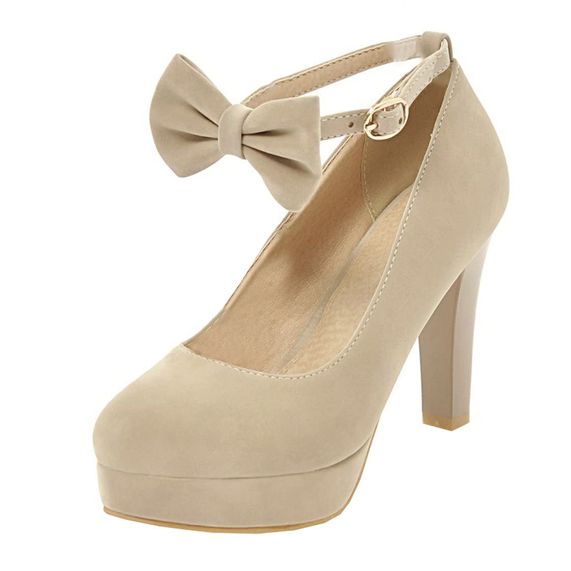 BEAUPAS Women's Chunky Block Heel Pumps - Ankle Strap Bow Platform High Heels for Party, Wedding & Office Wear (Cute Dress Shoes)