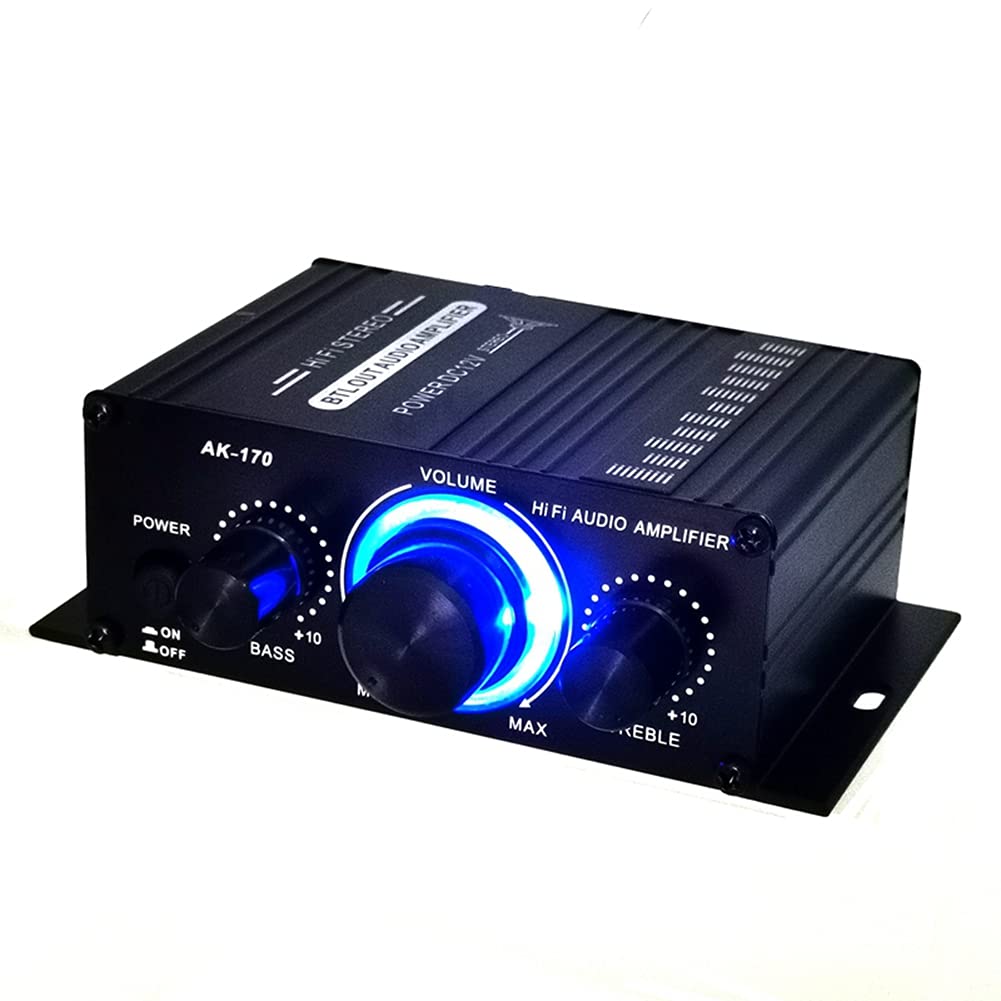 Wiianoxd Mini Stereo Amplifier 12V DC - Dual Channel Hi-Fi Audio Player with Bluetooth, USB, AUX Input for Phone, DVD - Compact Sound System for Motorcycle, Car, Home Theater & Office Use