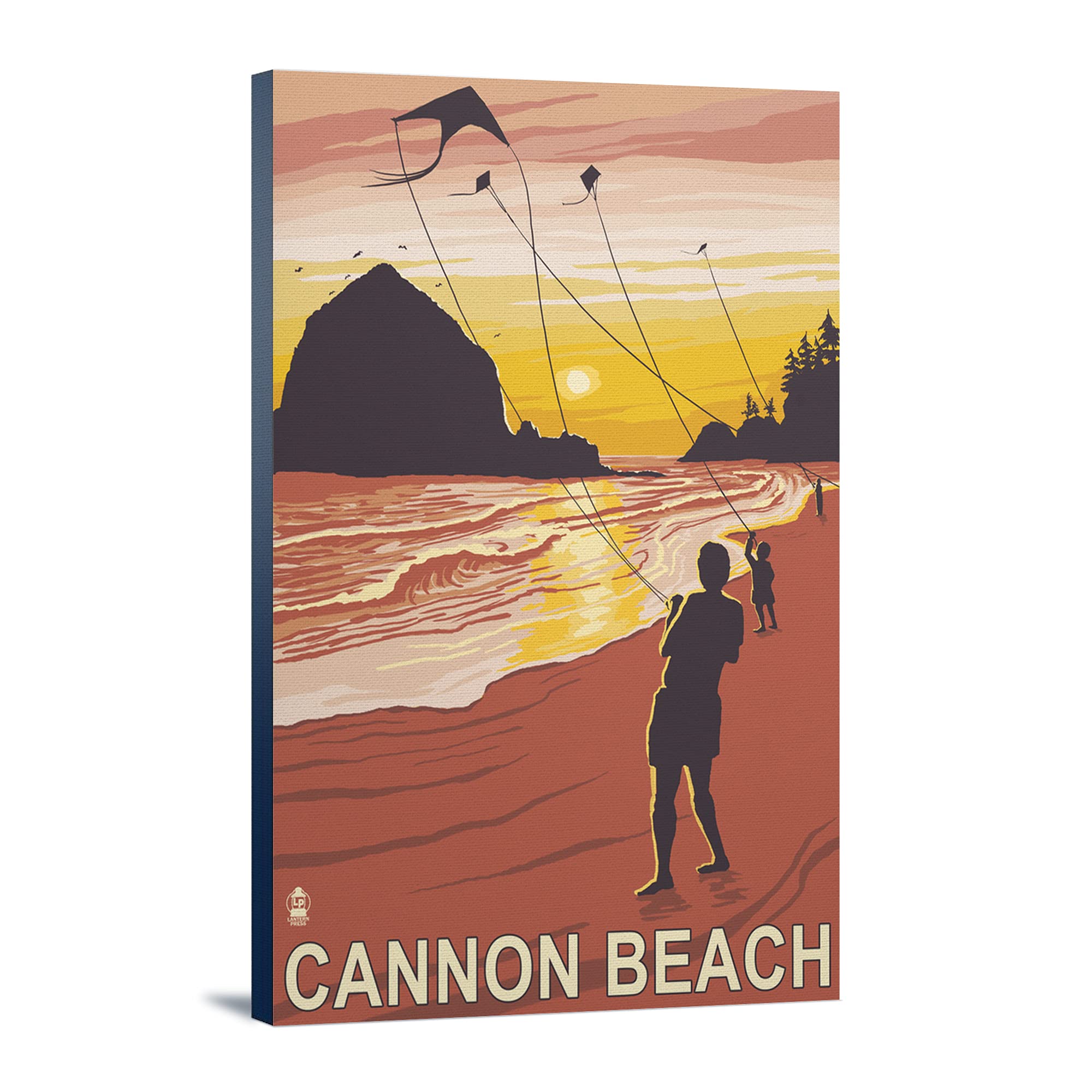 Oregon Cannon Beach Scenic Art Print - 24x36 Gallery Wrapped Canvas Wall Decor for Living Room, Bedroom & Office | Coastal Landscape Painting with Kites Flying at Shoreline