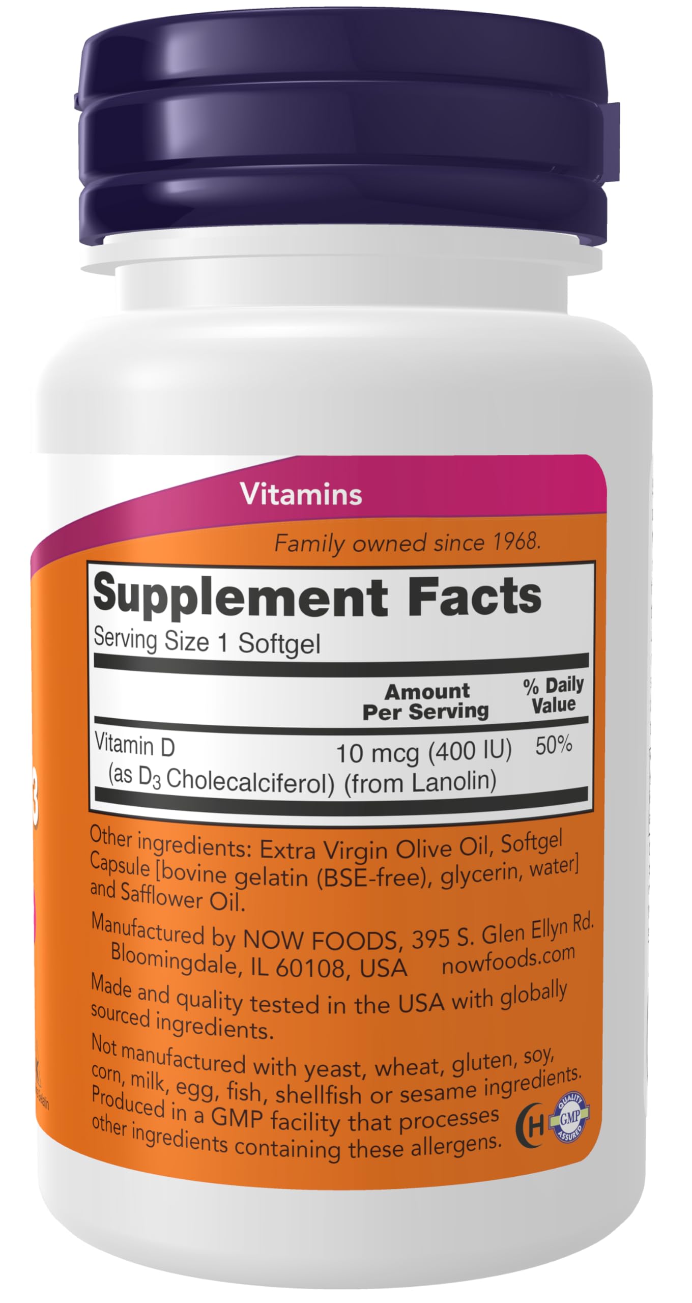 NOW Supplements Vitamin D-3 400 IU Softgels - Supports Strong Bones & Structural Health - 180 Count - Essential for Immune System & Calcium Absorption - Perfect for Daily Wellness & Bone Support