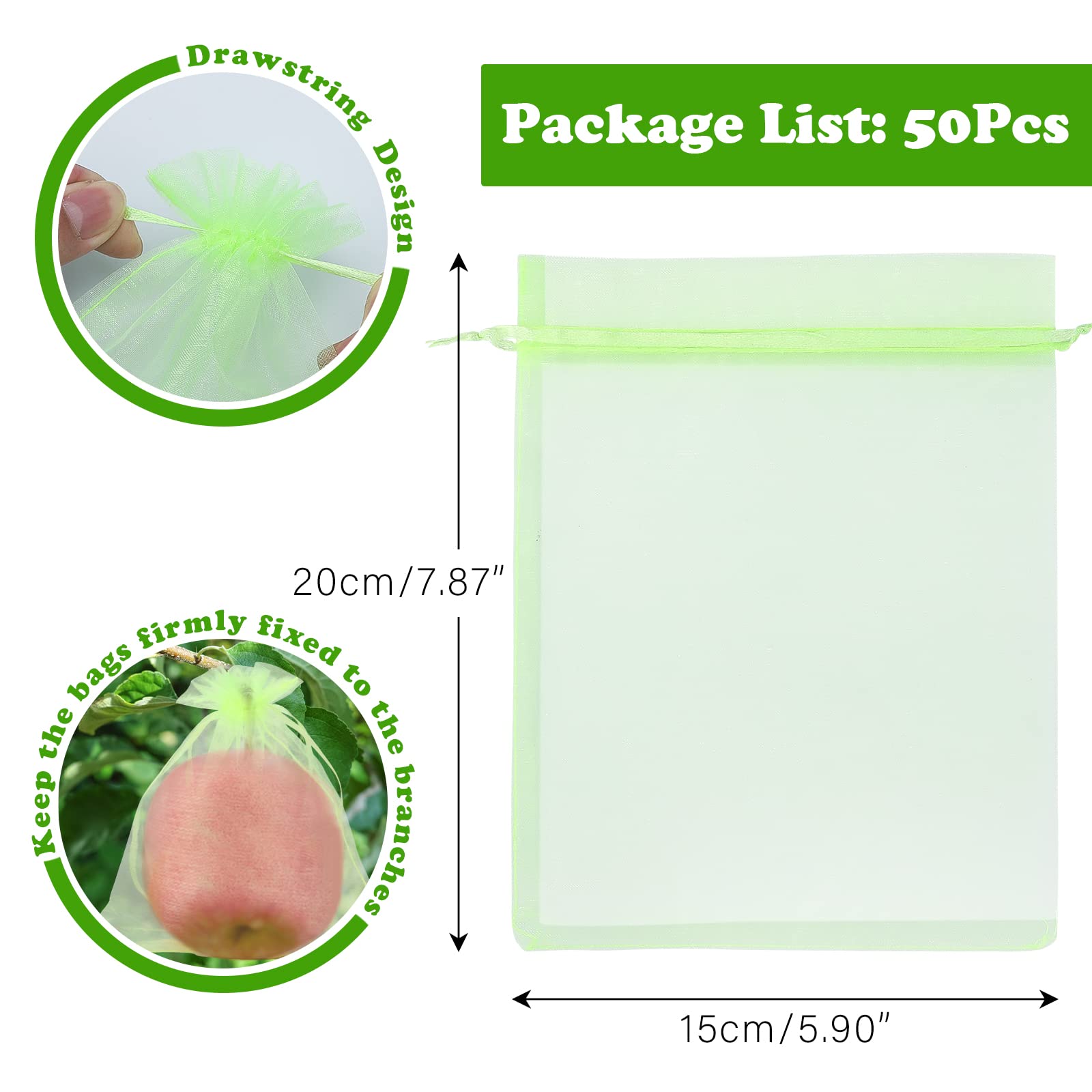 KINGLAKE 50 Pcs 6x8 Inch Reusable Mesh Fruit Protection Bags with Drawstring - Breathable Garden Netting Covers for Apples, Peaches, Pears | Protect Fruits from Birds, Insects & Harsh Weather | Perfect for Fruit Trees, Vegetable Gardens & Organic Farming