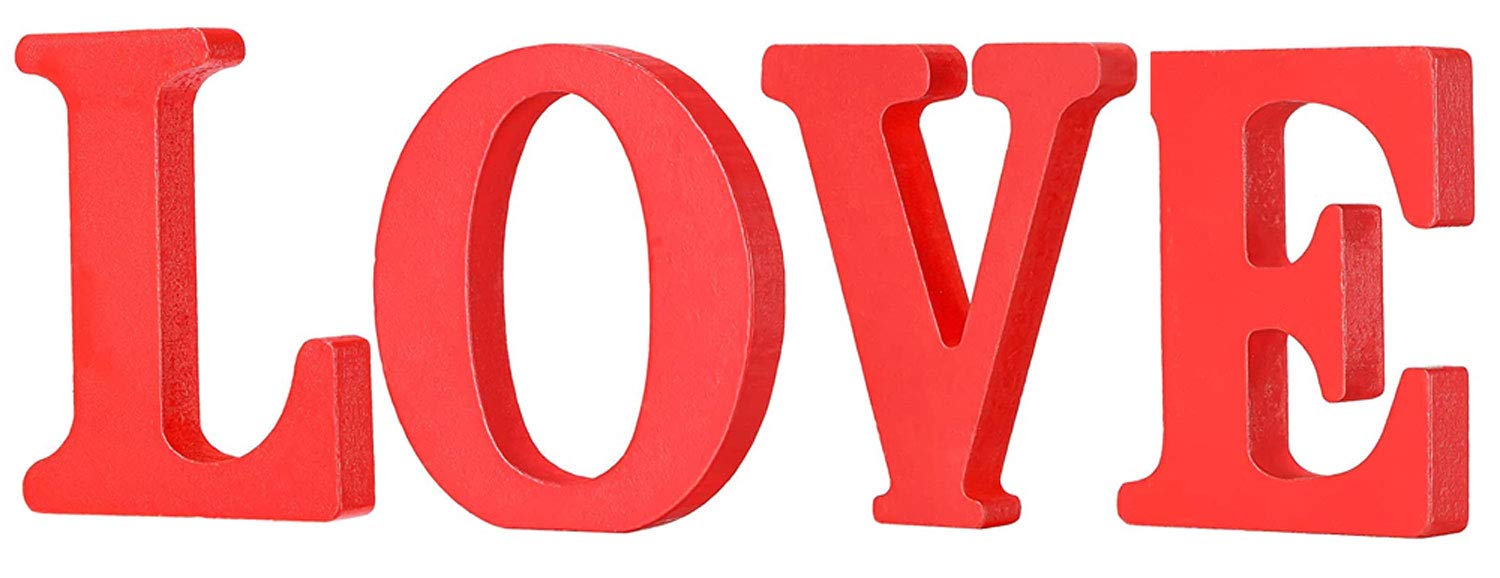 Valentine's Day Wooden Love Sign - Red Freestanding Table Centerpiece Decor for Home, Wedding, Anniversary & Romantic Dinner Decorations