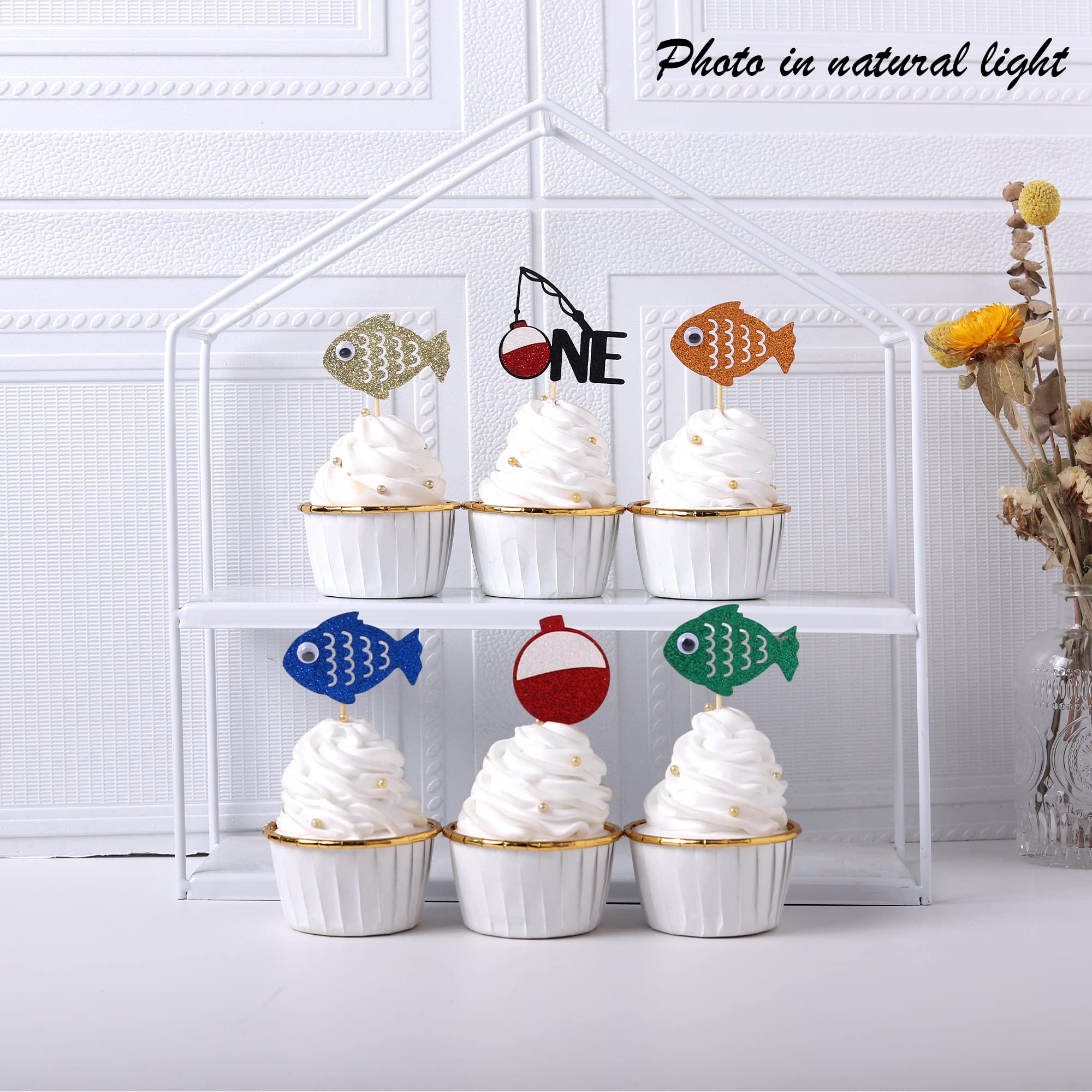 24 PCS 3D Eye Glitter Fishing Bobber Cupcake Toppers - The Big One Fisherman Cupcake Picks for Fishing Theme Party, Baby Shower, Kids 1st Birthday, Anniversary Cake Decorations - Perfect for DIY Baking and Party Supplies