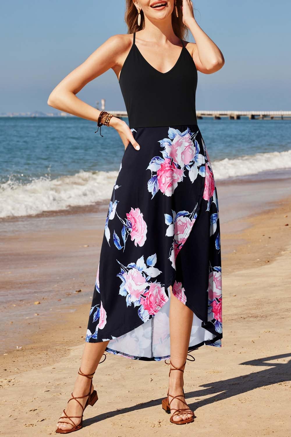 KILIG Women's V Neck Sleeveless Floral Maxi Dress - Asymmetrical Patchwork Summer Sundress for Casual Wear, Beach Vacation & Outdoor Parties