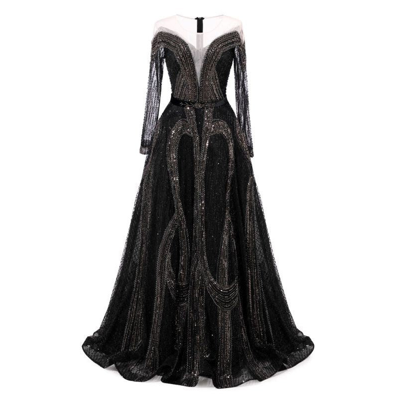 Elegant Black A-Line Long Sleeve Maxi Party Prom Dress for Women - Formal Evening Gown for Homecoming, Wedding Guest & Special Occasions