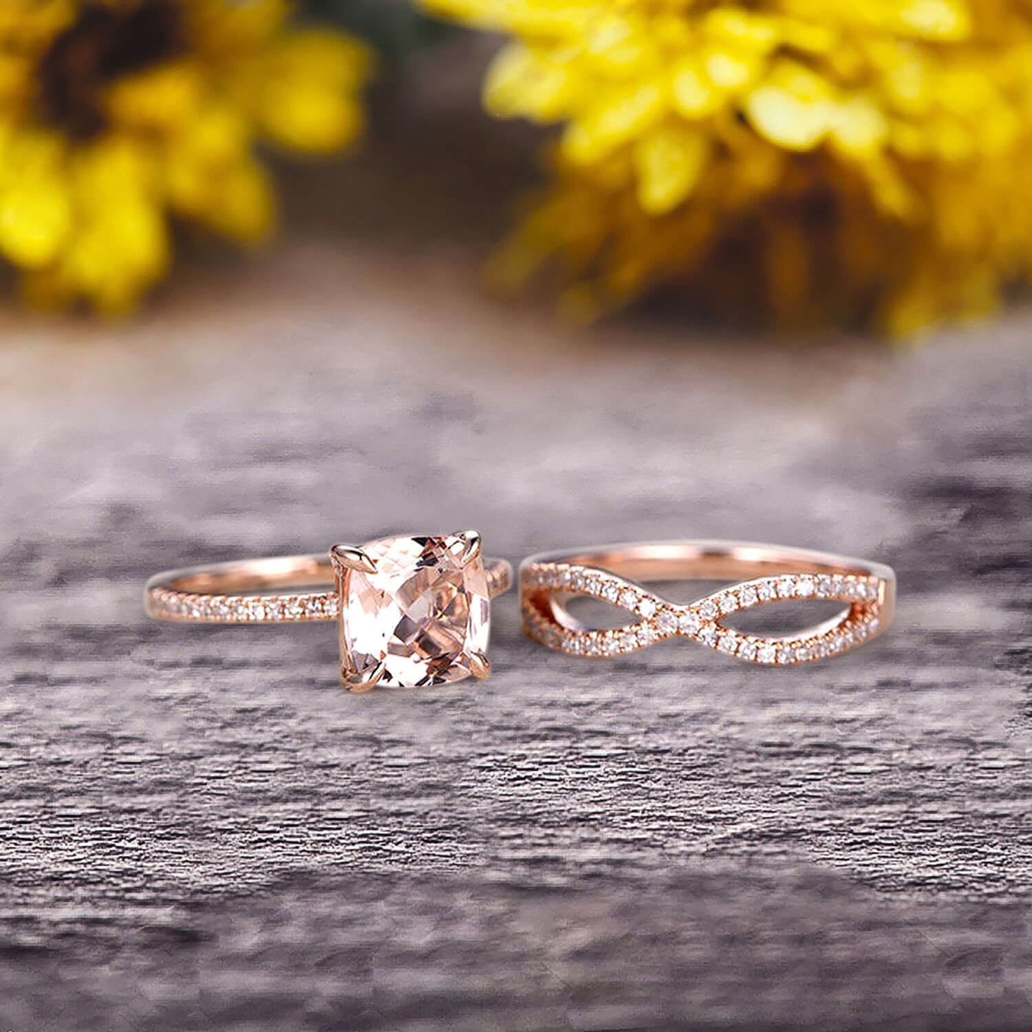 2 Pcs 10k Rose Gold 1.75 Carat Cushion Cut Morganite Engagement Ring Set - Solid 10k Rose Gold Bridal Set with Twisted Matching Band - Custom Made Flaming Jewelry for Wedding, Proposal, Anniversary & Special Occasions
