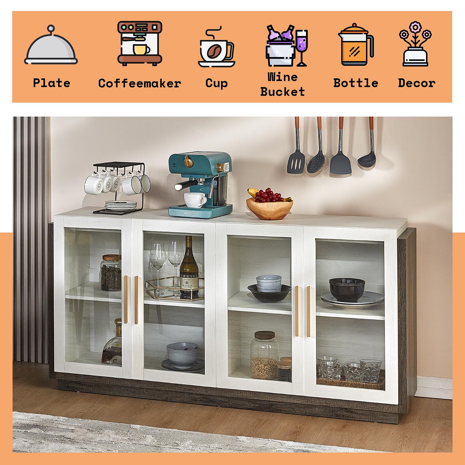 AMERLIFE Modern Sideboard Buffet Cabinet with LED Lights - White & Grey Accent Storage Cabinet with Glass Doors & Adjustable Shelves for Dining Room & Living Room | Perfect for Displaying China, Storing Linens, or as a Stylish TV Stand